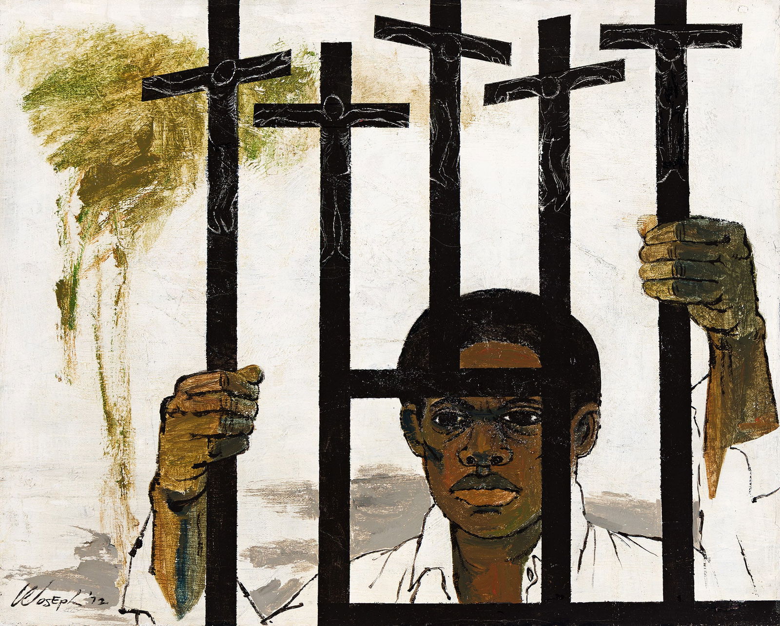 Cliff Joseph (1922-2020), The Attica Crucifixion, 1972.: Cliff Joseph (1922-2020) The Attica Crucifixion. Oil on linen canvas, 1972. Signed and dated "72" in oil lower left, recto. Titled and inscribed in oil across the verso. 16 x 20 in. (40.6 x 50.8 cm.),