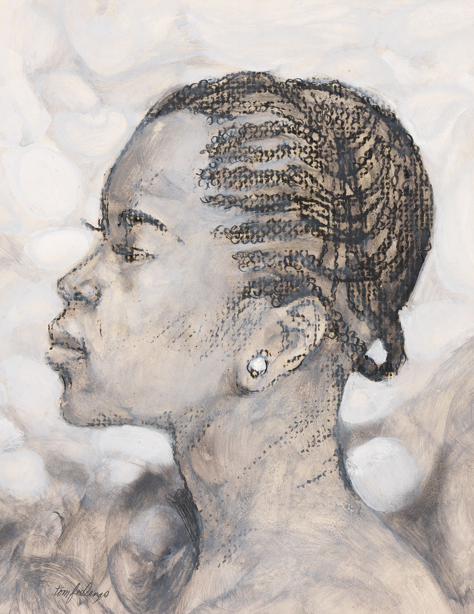 Tom Feelings (1933-2003), Untitled (Woman in profile), circa 1970s.: Tom Feelings (1933-2003) Untitled (Woman in profile). Mixed media on cream wove paper, circa 1970s. Signed in pencil, lower left. 18 1/2 x 16 in. (47 x 40.6 cm.), Frame: 22 3/4 x 18 1/4 in. (57.8 x 46