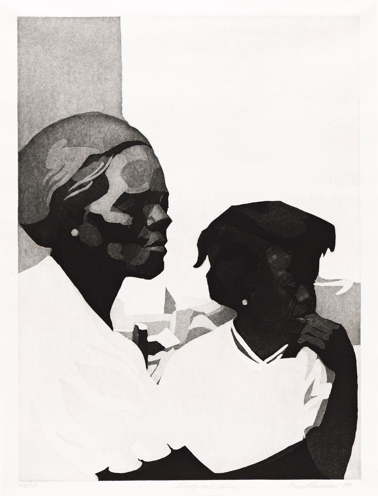 Ernest Crichlow (1914-2005), Lady and Child, 1977.: Ernest Crichlow (1914-2005) Lady and Child. Etching and aquatint on wove paper, 1977. Signed, titled, dated and numbered 24/40 in pencil, lower margin. Image: 24 x 17 1/2 in. (61 x 44.5 cm.), Frame: 3