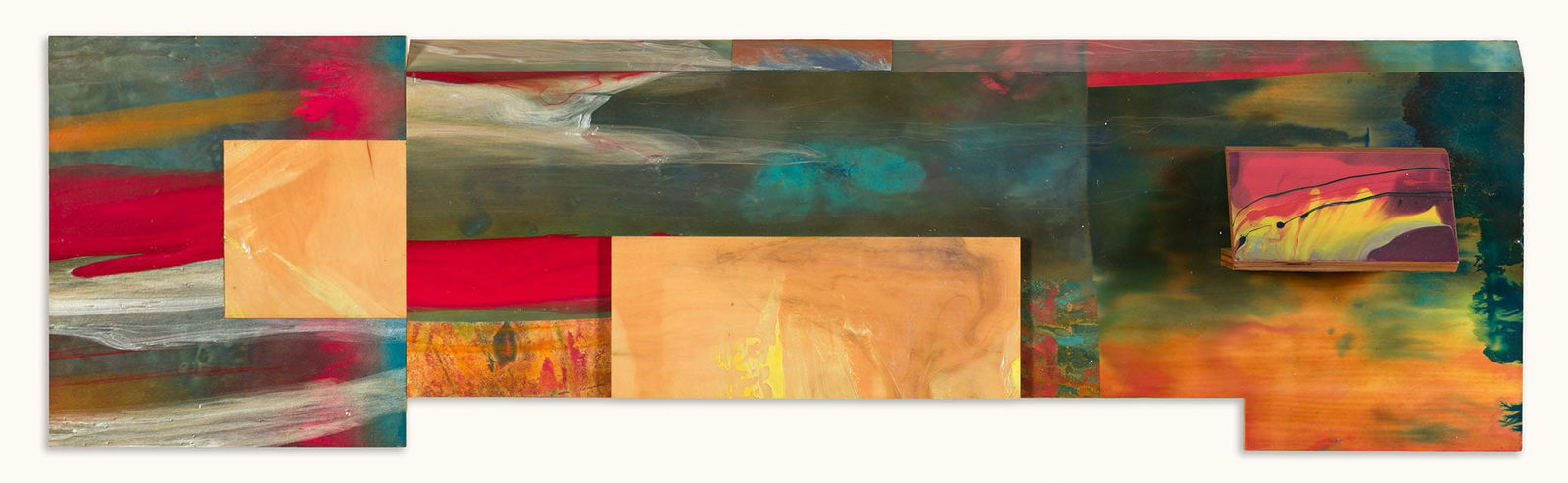 Sam Gilliam (1933-2022), Written At the Pace of a Hoof Beat, 2003.: Sam Gilliam (1933-2022) Written At the Pace of a Hoof Beat. Acrylic on birch plywood with assemblage, 2003. Signed and titled in ink, verso. 18 x 62 x 8 1/2 in. (45.7 x 157.5 x 21.6 cm.) Provenance: A