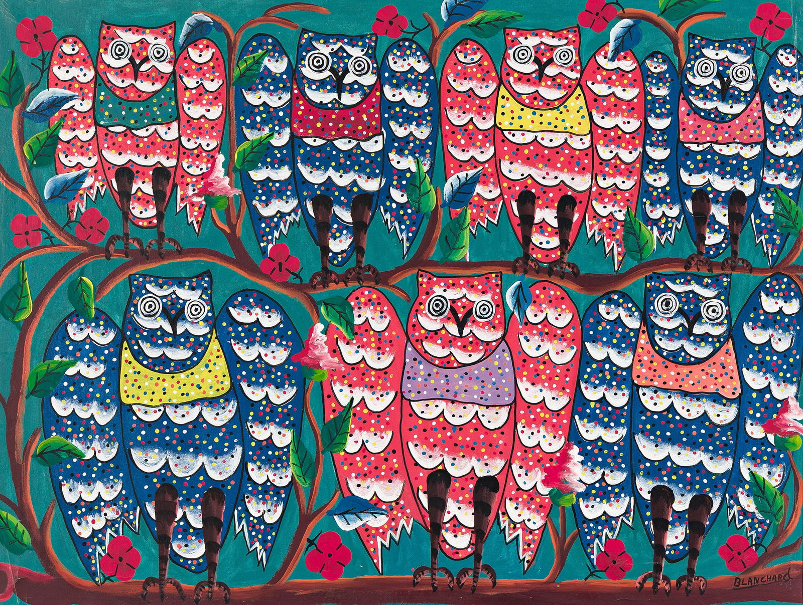 Maurice Sisson Blanchard (1929-1981), Owls, circa 1970s.: Maurice Sisson Blanchard (1929-1981) Owls. Oil on linen canvas, circa 1970s. Signed in oil, lower right. 30.10 x 40 in. (76.5 x 101.6 cm.), Frame: 32 3/4 x 42 1/2 in. (83.2 x 108 cm.) Provenance: The