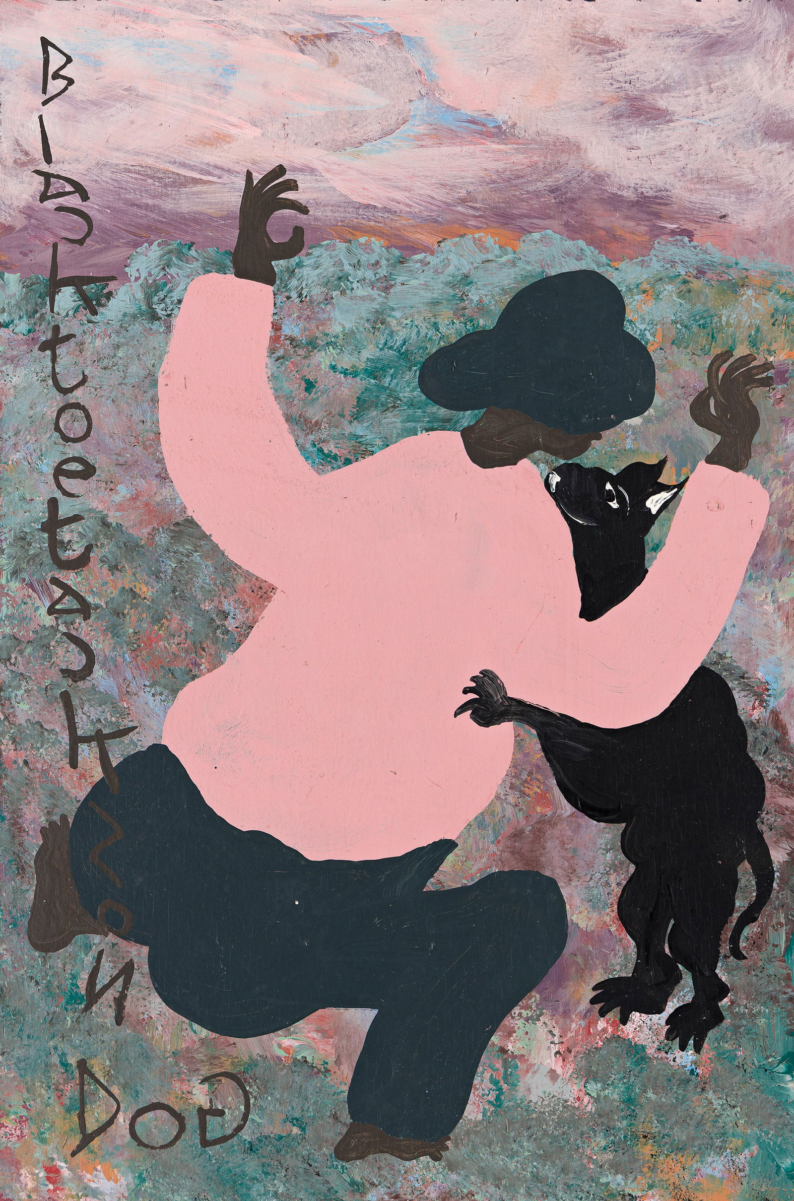 Black Joe Jackson, (1922-1997), Pair of Paintings. Dog and Lady.: Black Joe Jackson 1920-1997 Two Paintings (Dog and Waiting for the Bus). Both enamel on Masonite board, circa 1980. Both signed and titled in enamel, left edge. Dog Image: 21 x 16 in. (53.3 x 40.6 cm.