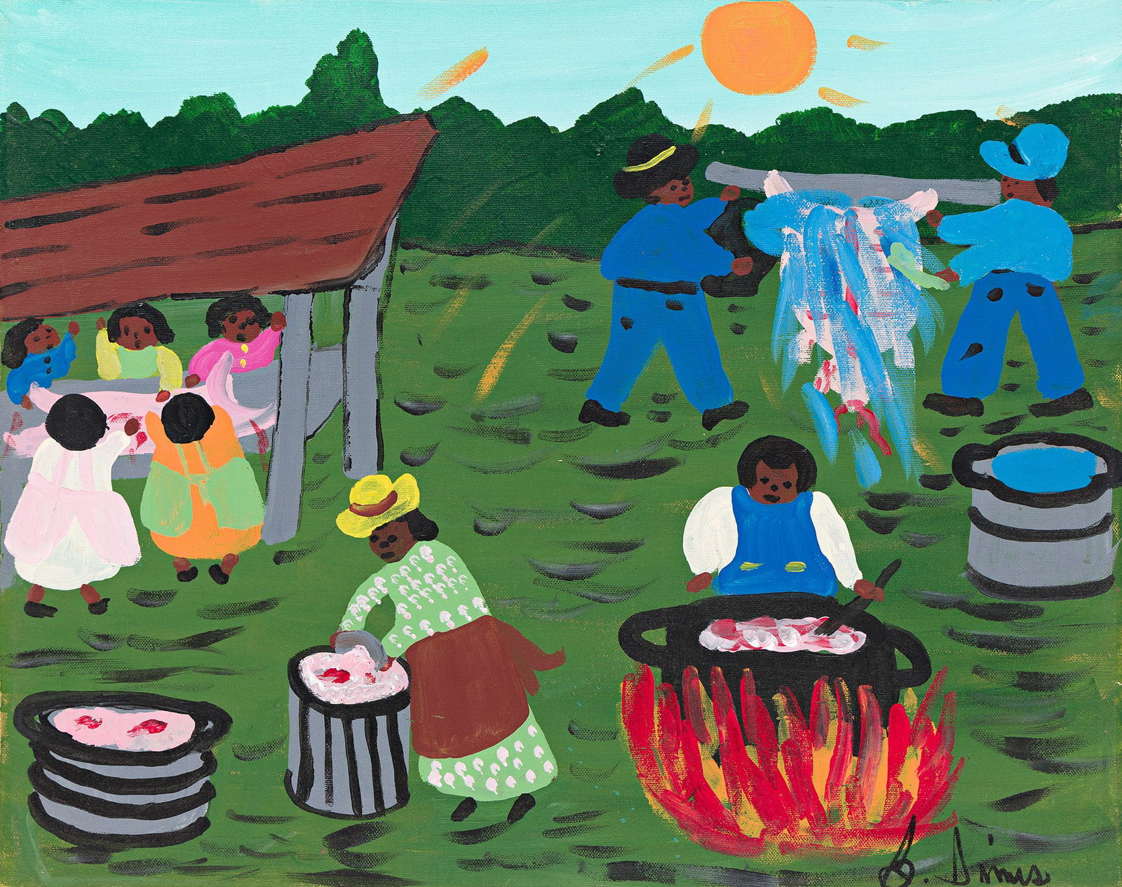 Bernice Johnson Sims (1926-2014), Hog Killing and Cooking, circa 2000s.: Bernice Johnson Sims (1926-2014) Hog Killing and Cooking. Oil on cotton canvas, circa 2000s. Signed in oil, lower right 15 3/4 x 20 in. (40 x 50.8 cm.), Frame: 17 x 21 in. (43.2 x 53.3 cm.) Provenance