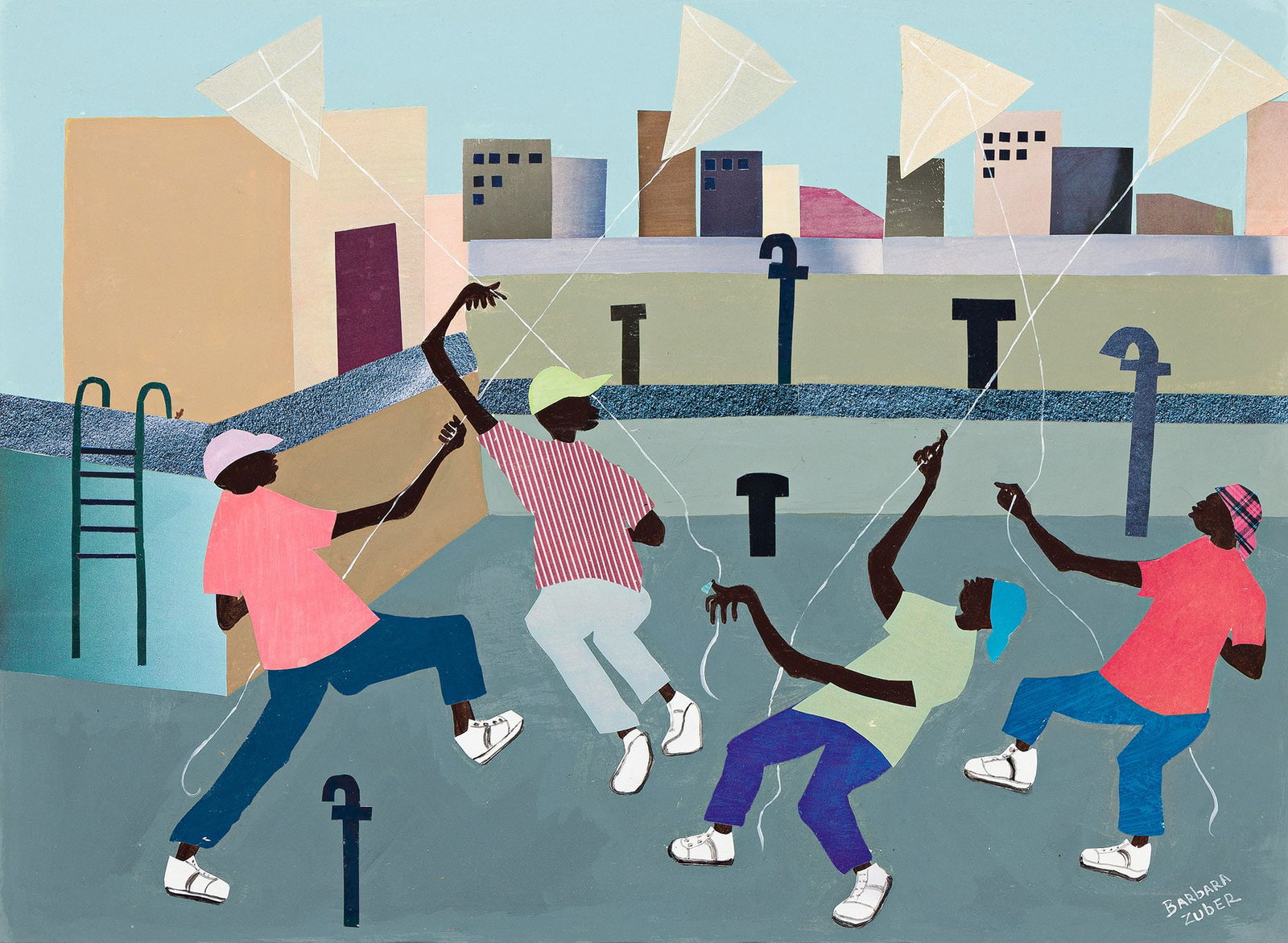 Barbara Johnson Zuber (1926-2019), Boys with Kites, circa 1972-74.: Barbara Johnson Zuber (1926-2019) Untitled (Boys on a Rootop with Kites). Acrylic and collage on thick wove paper, circa 1972-74. Signed in acrylic, lower right. 21 1/2 x 28 1/2 in. (54.6 x 72.4 cm.),