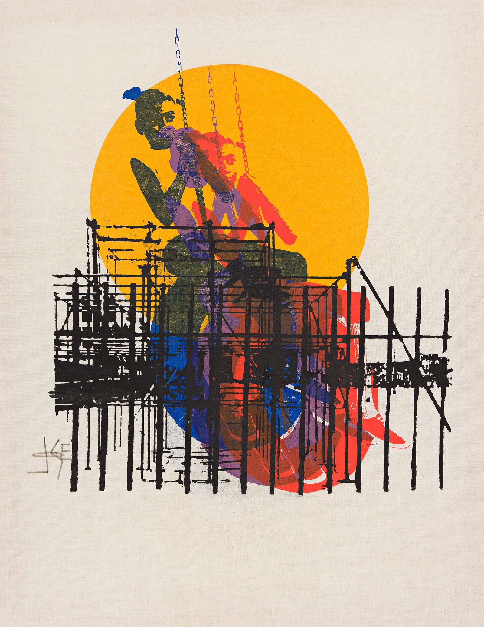 José Joseph Williams (1934-2023), Girl on a Swing, 1976.: José Joseph Williams (1934-2023) Girl on a Swing. Color screenprint on Batik linen, 1976. This print is a unique work, according to the artist's family, and was never editioned. Signed in ink, lo