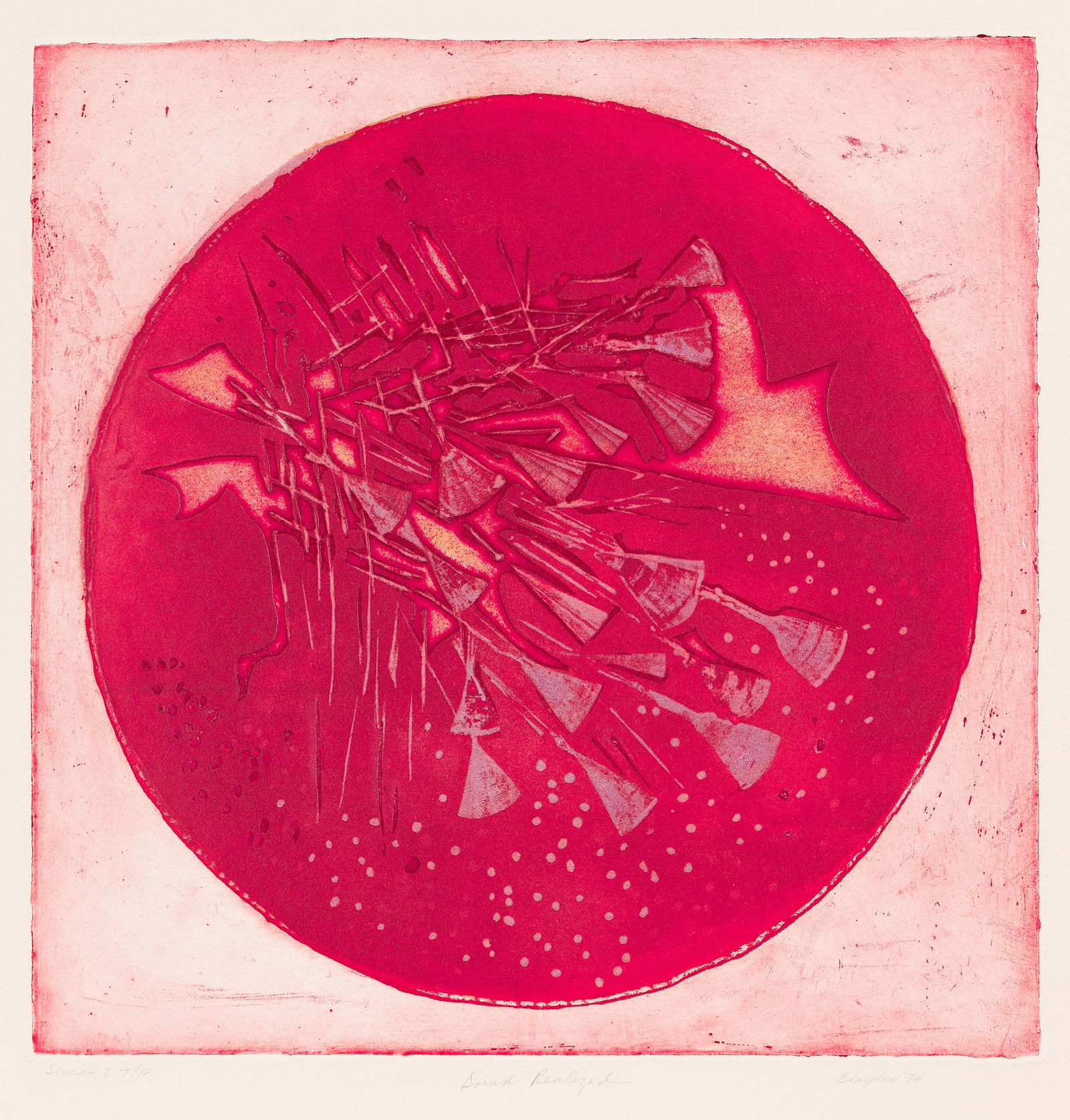 Betty Blayton-Taylor (1937-2016), Sound Realized, 1974.: Betty Blayton-Taylor (1937-2016) Sound Realized. Color etching and aquatint with relief, 1974. Trial proof, aside from the edition. Signed, titled, dated and inscribed "Series I T/P" in pencil, lower