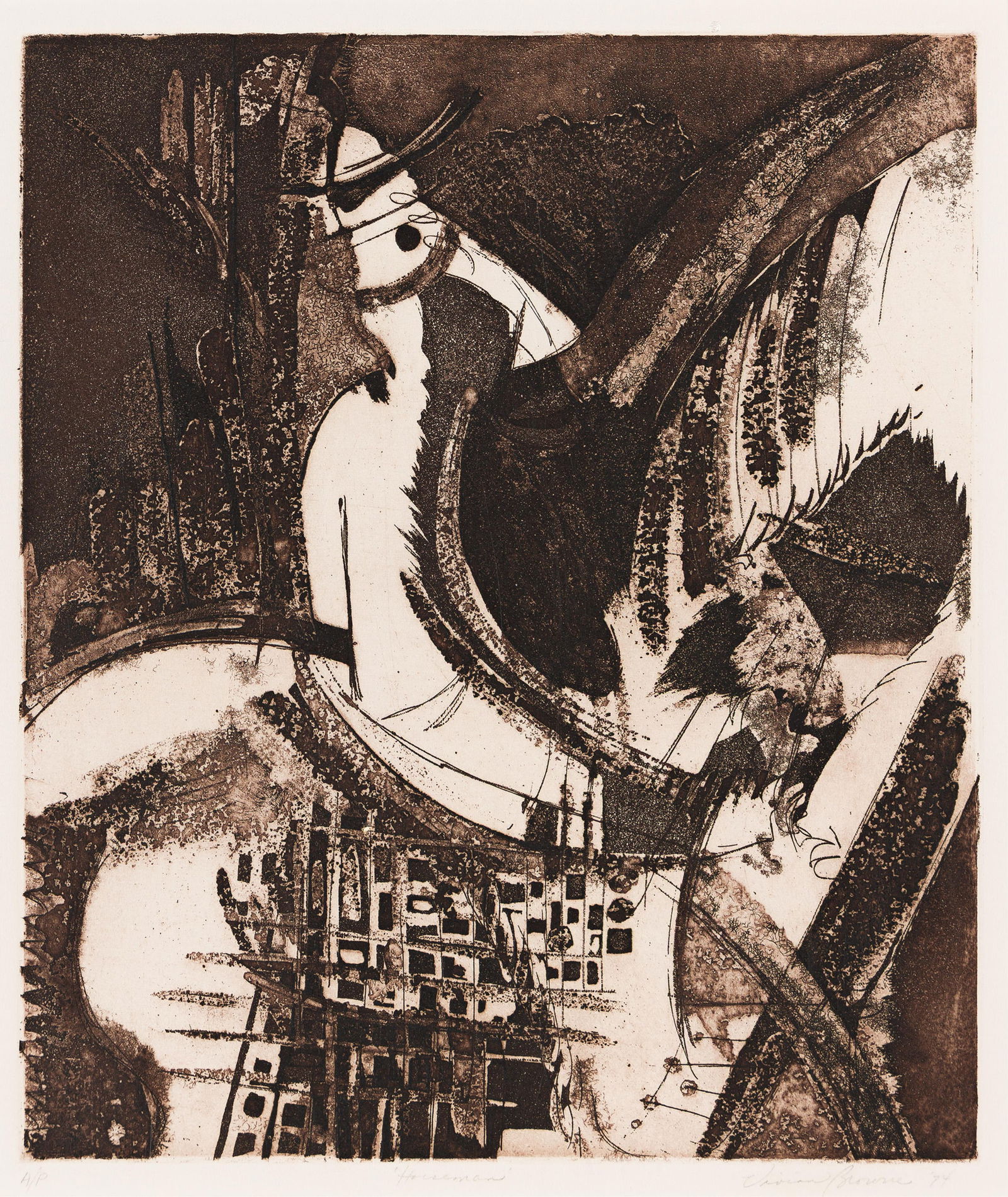 Vivian E. Browne (1929-1993), Horseman, 1974.: Vivian E. Browne (1929-1993) Horseman. Etching and aquatint on Arches, 1974. Artist's proof, aside from the edition of 35. Signed, titled, dated and inscribed "A/P" in pencil, lower margin. Printed an