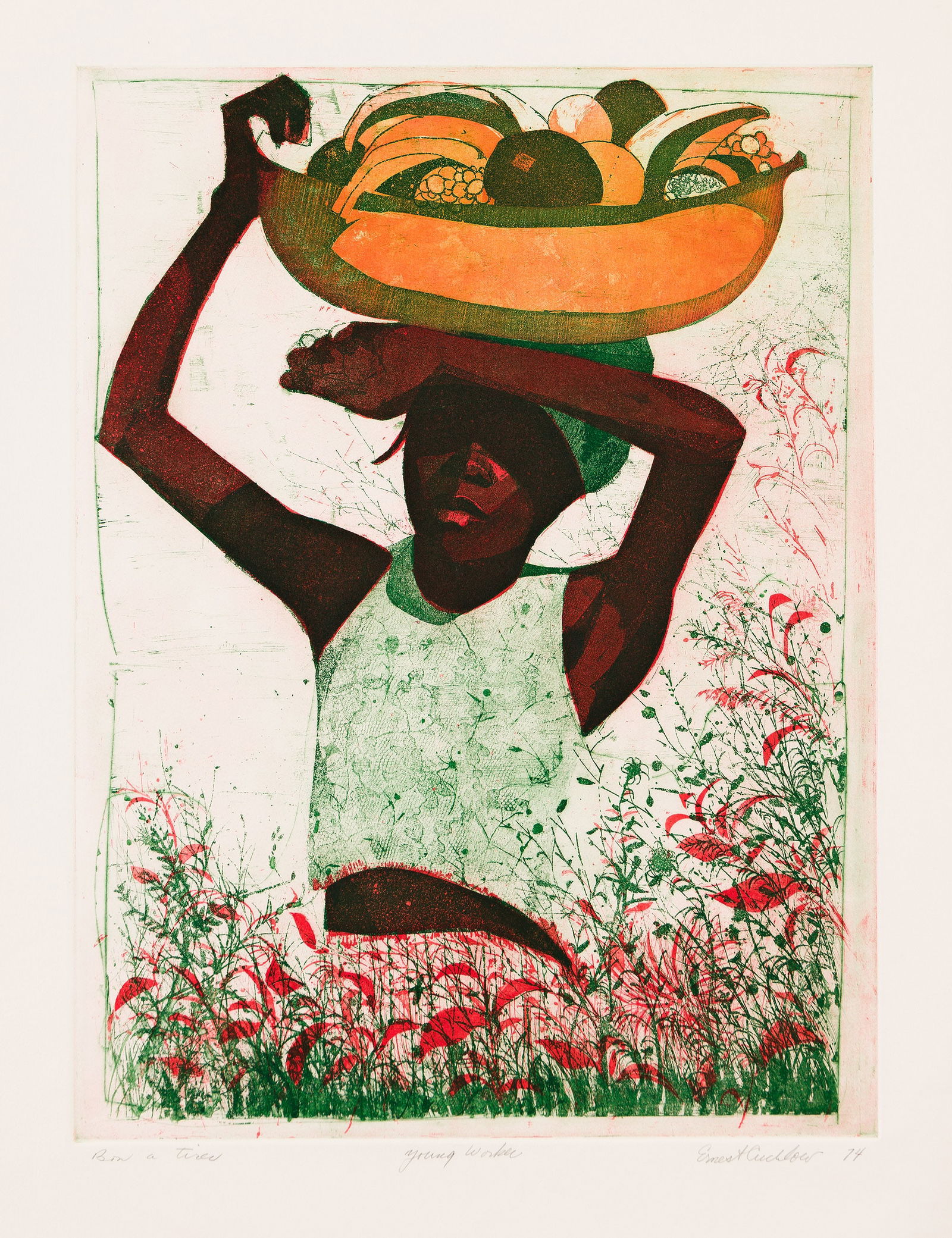 Ernest Crichlow (1914-2005), Young Worker, 1974.: Ernest Crichlow (1914-2005) Young Worker. Color etching and aquatint on cream wove paper, 1974. The bon à tirer impression, before the numbered edition of 20. Signed, titled, dated and inscribed