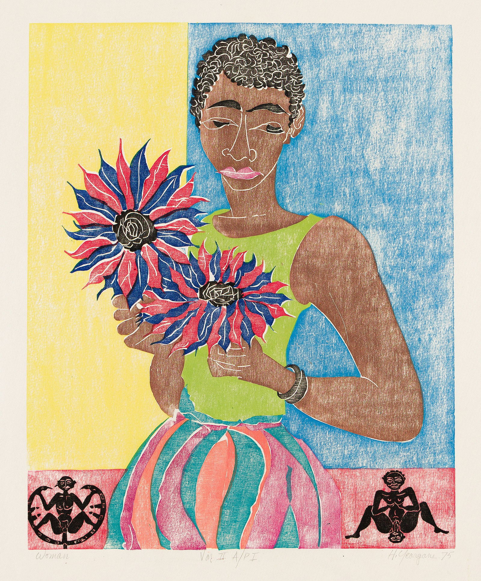 Hartwell Yeargans (1915-2005), Woman, 1975.: Hartwell Yeargans (1915-2005) Woman. Color woodcut on thin Japan paper, 1975. Artist's proof, one of only several proofs. Signed, titled, dated and inscribed "Var II A/P I" in pencil, lower margin. Pr