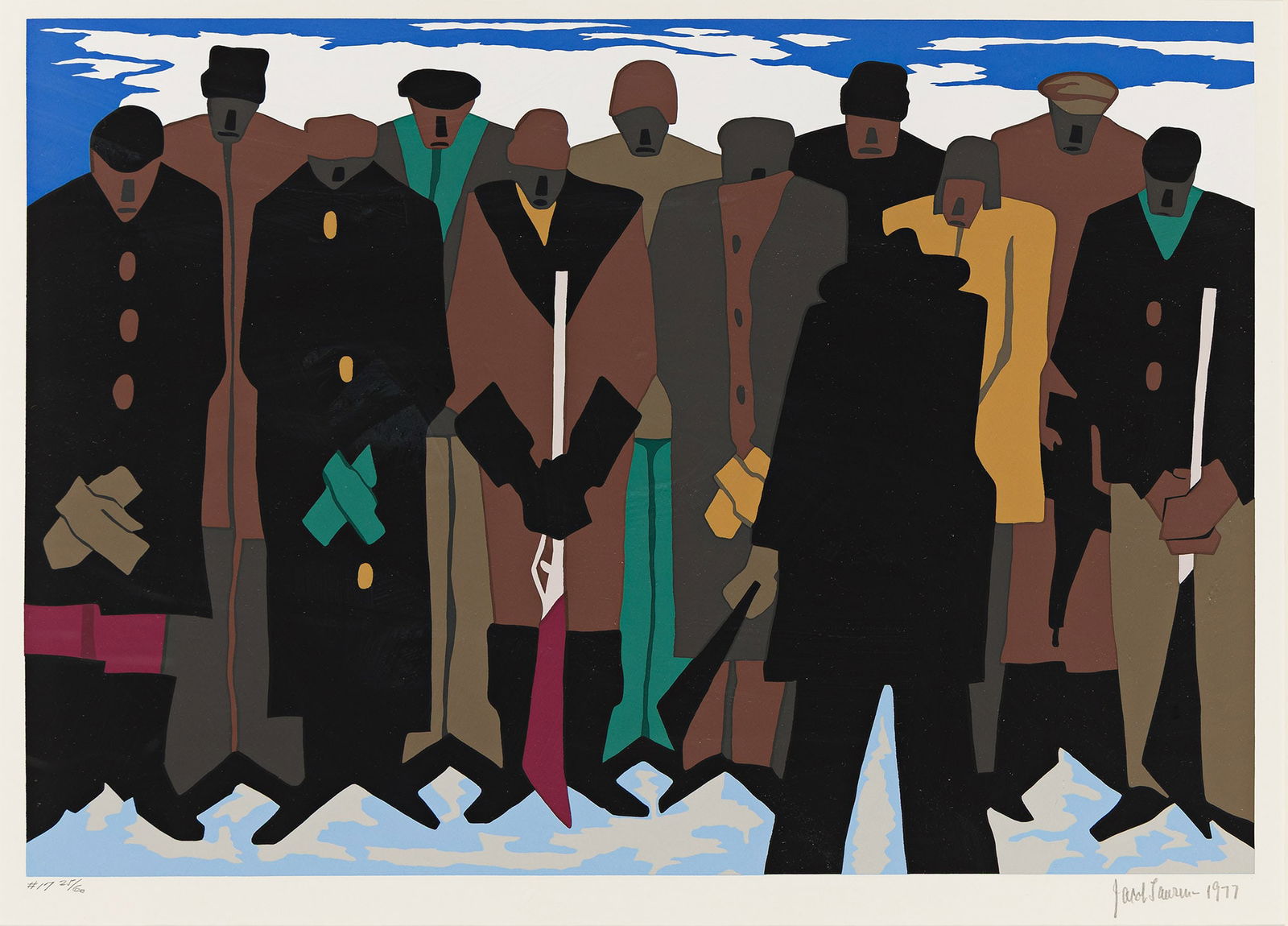 Jacob Lawrence (1917-2000), John Brown remained a full winter in Canada, drilling Negroes for his co: Jacob Lawrence (1917-2000) John Brown remained a full winter in Canada, drilling Negroes for his coming raid on Harpers Ferry. Color screenprint on Domestic etching paper, 1977. Signed, dated, and num
