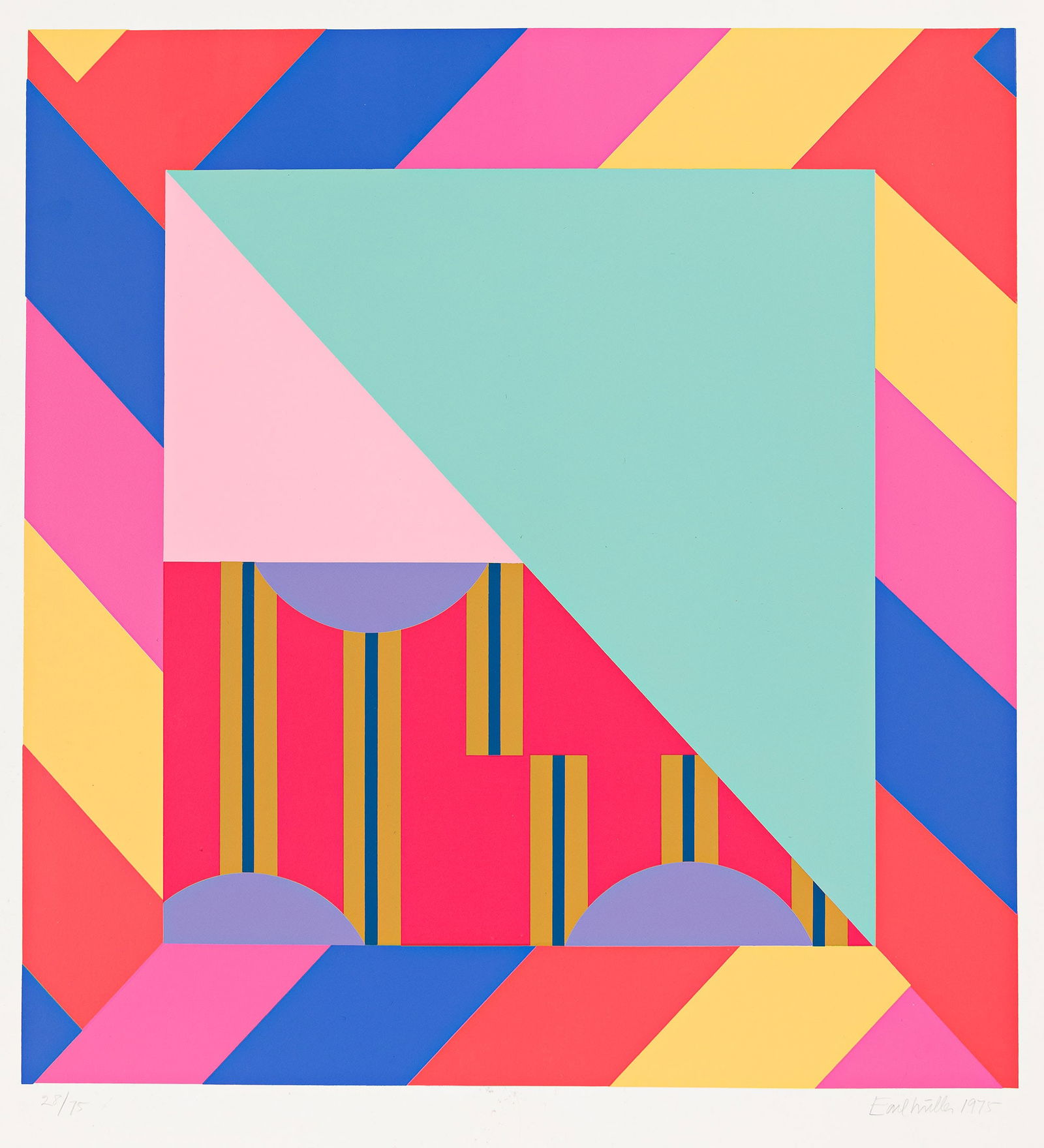 Earl Beauford Miller (1930-2003), Manhattan Savoy, 1975.: Earl Beauford Miller (1930-2003) Manhattan Savoy. Color screenprint on Rives BFK, 1975. Signed, dated and numbered 28/75 in pencil, lower margin. Image: 21 3/8 x 20 1/8 in. (54.3 x 51.1 cm.), full mar