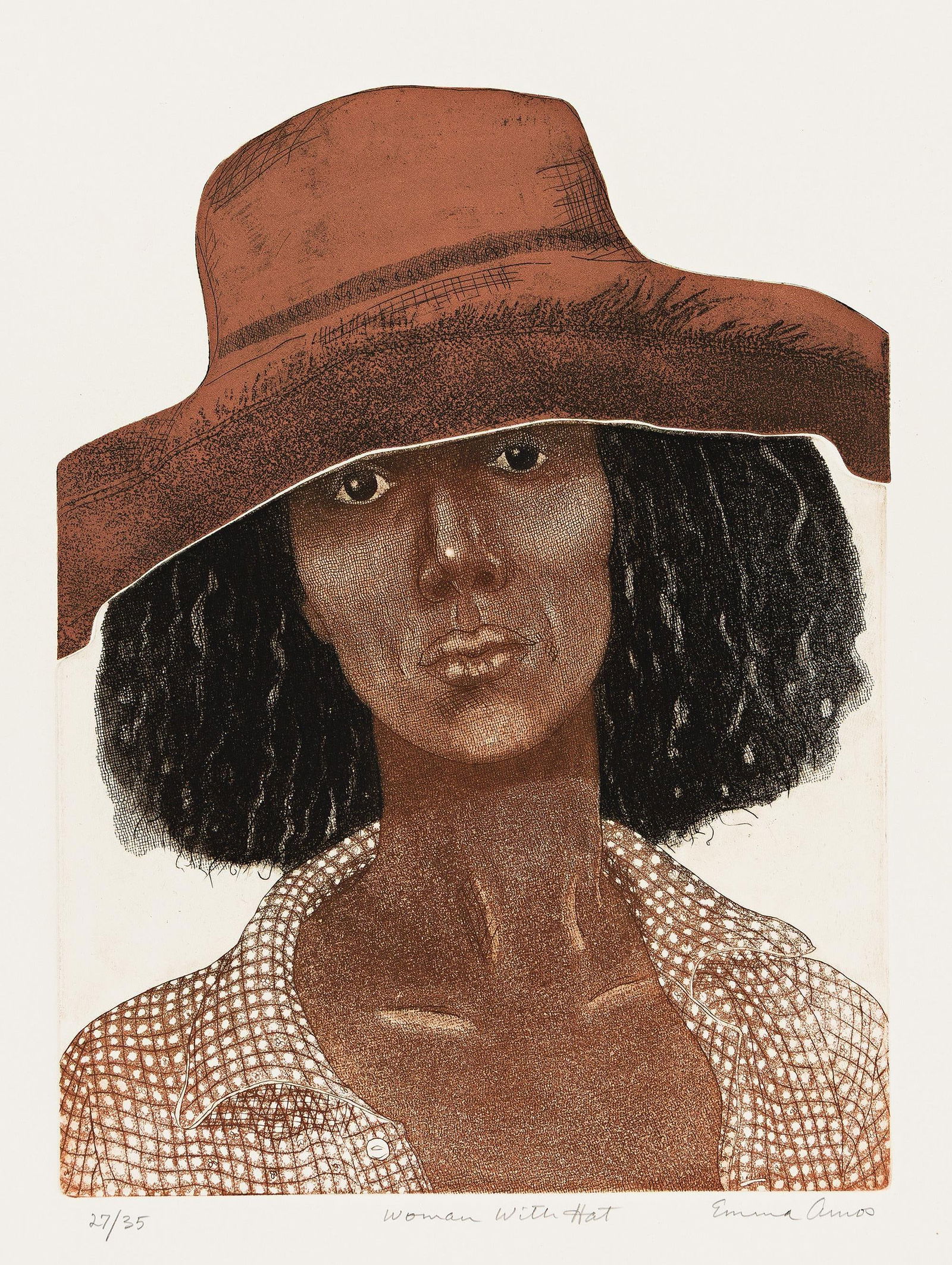 Emma Amos (1937-2020), Woman With Hat, 1979.: Emma Amos (1937-2020) Woman With Hat. Color soft ground etching on wove paper, 1979. Signed, titled and numbered 27/35 in pencil, lower margin. Printed by the artist and Kathy Caraccio at K. Caraccio