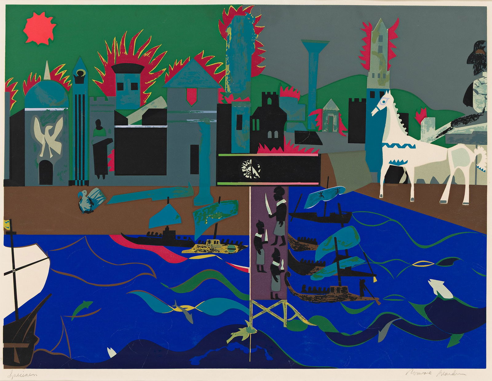 Romare Bearden (1911-1988), Group of 5 color screenprints from the Odysseus Suite, 1979.: Romare Bearden (1911-1988) Group of 5 color screenprints from the Odysseus Suite. Color screenprint on Lana paper, 1979. Odysseus Leaves * Troy * Cattle of the Sun God * Circe into Swine * Home to