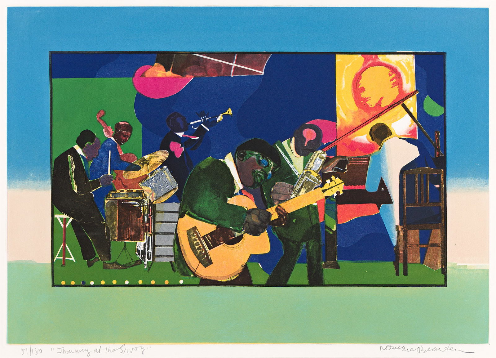 Romare Bearden (1911-1988), Jamming at the Savoy, 1981-82.: Romare Bearden (1911-1988) Jamming at the Savoy. Color etching and aquatint on Rives BFK, 1981-82. Signed, titled and numbered 51/180 in pencil, lower margin. Printed by Mohammad O. Khalil, New York.