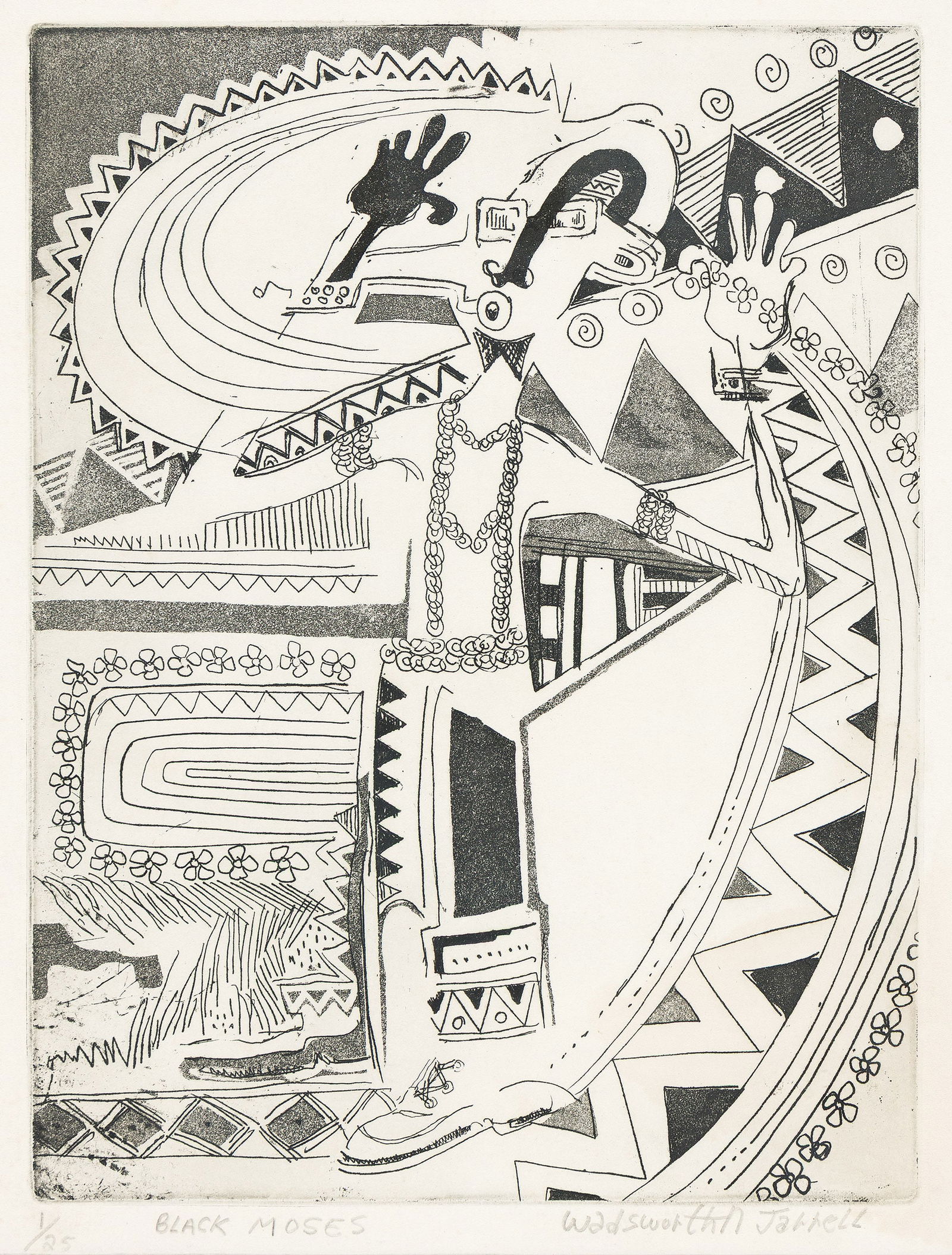 Wadsworth A. Jarrell (b. 1929), Black Moses, circa 1980s.: Wadsworth A. Jarrell (b. 1929) Black Moses. Etching and aquatint on Arches, circa 1980s. Signed, titled and numbered 1/25 in pencil, lower margin. 11.69 x 8 3/4 in. (29.7 x 22.2 cm.), Frame: 18 x 14 3