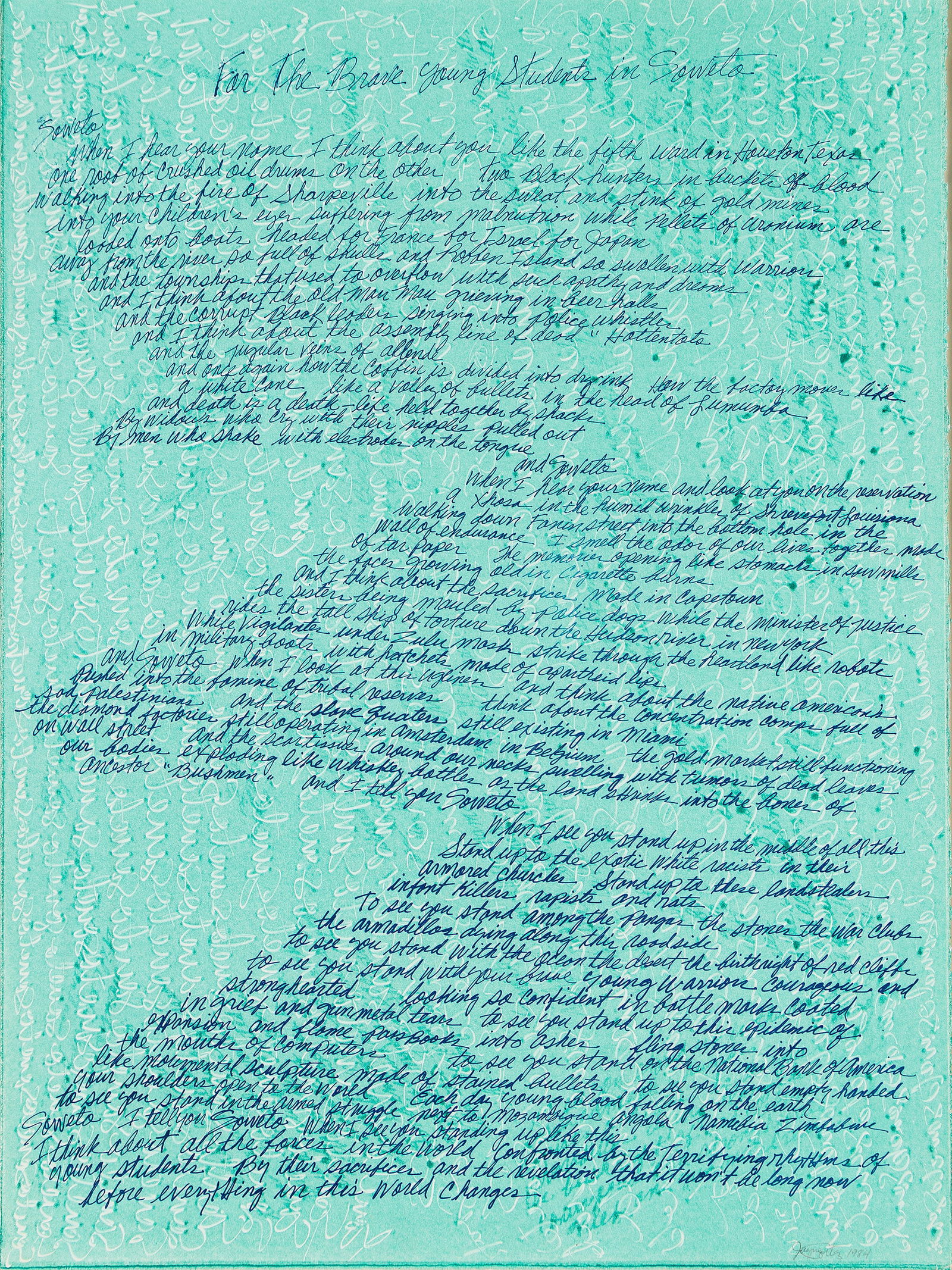 Melvin Edwards and Jayne Cortez, For the Brave Young Students in Soweto, 1984.: Melvin Edwards and Jayne Cortez For the Brave Young Students in Soweto. Oil monotype and lithograph on Rives BFK, 1984. Signe