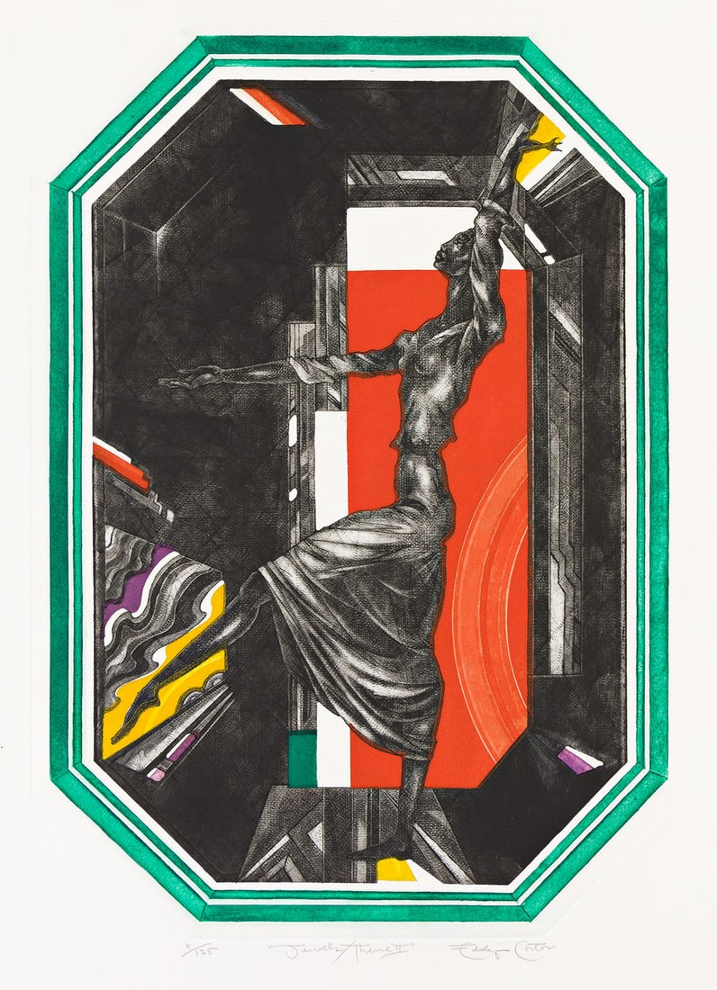 Eldzier Cortor (1916-2015), Jewels/Theme No. II, 1985.: Eldzier Cortor (1916-2015) Jewels/Theme No. II. Color mezzotint with etching and aquatint, 1985. Signed, titled and numbered 11/125 in pencil, lower margin. Plate: 23 3/4 x 17 in. (60.3 x 43.2 cm.), f