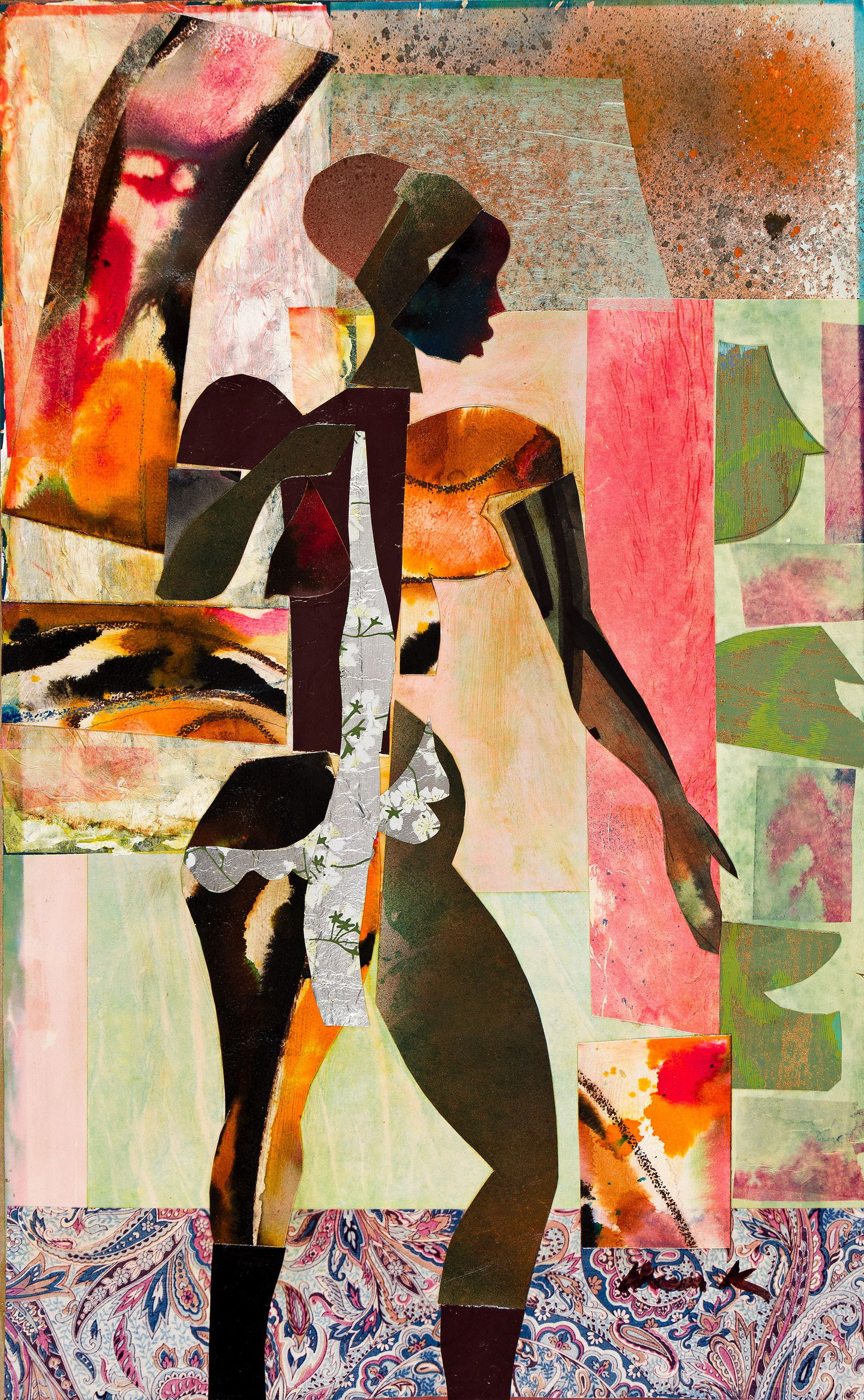 James Denmark (b. 1936), Untitled (Nude Figure in Profile), circa 1985.: James Denmark (b. 1936) Untitled (Nude Figure in Profile). Collage and acrylic on board, circa 1985. Signed in ink, lower right. 29 x 18 in. (73.7 x 45.7 cm.) Frame: 36 1/2 x 25 1/2 in. (92.7 x 64.8 c