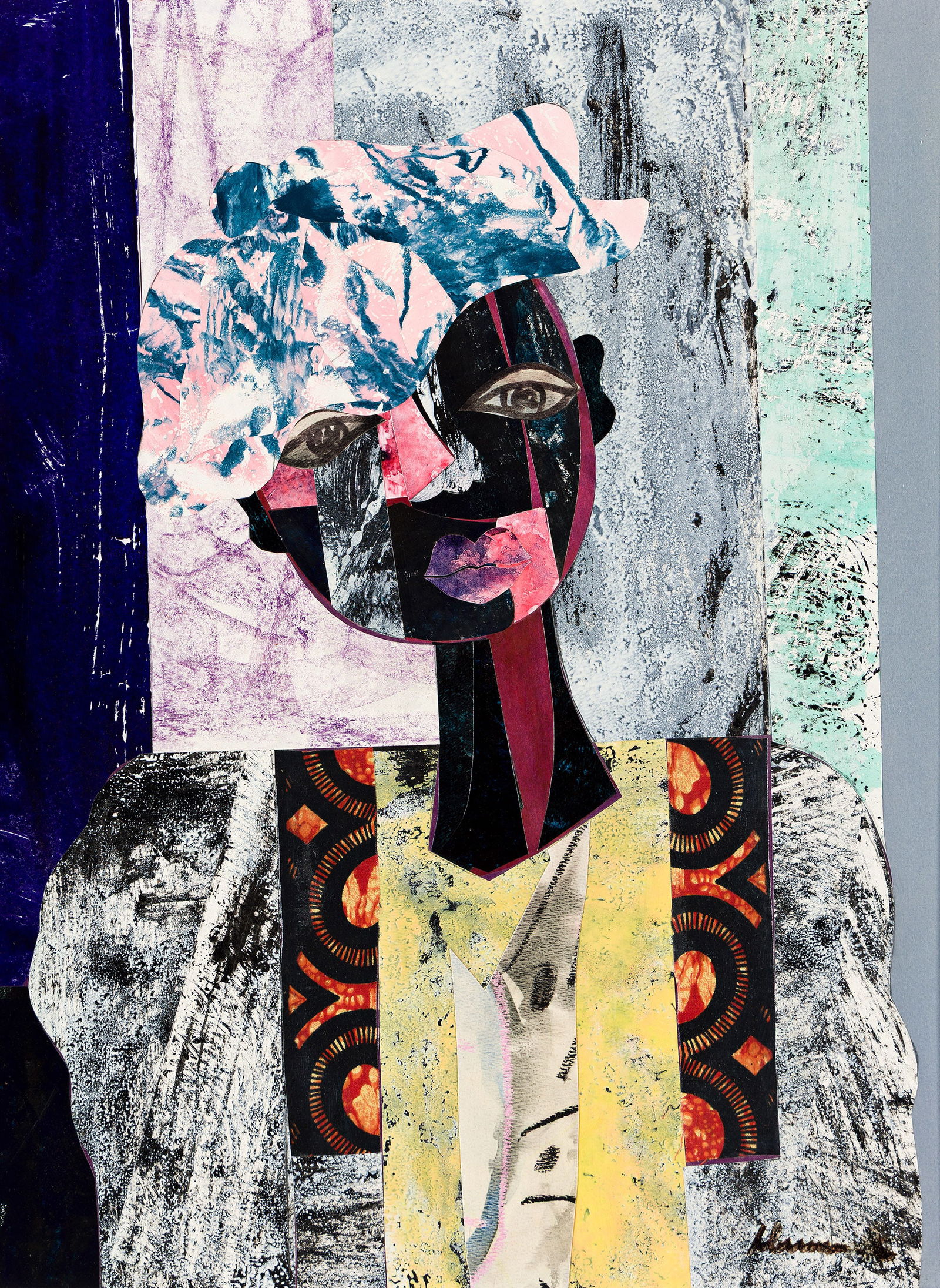 James Denmark (b. 1936), Untitled (Portrait of a Woman), circa 1980s.: James Denmark (b. 1936) Untitled (Portrait of a Woman) Collage on board, circa 1980s. Signed and dated in ink, lower right. 24 1/4 x 18 in. (61.6 x 45.7 cm.), Frame: 33 x 27 1/4 in. (83.8 x 69.2 cm.)