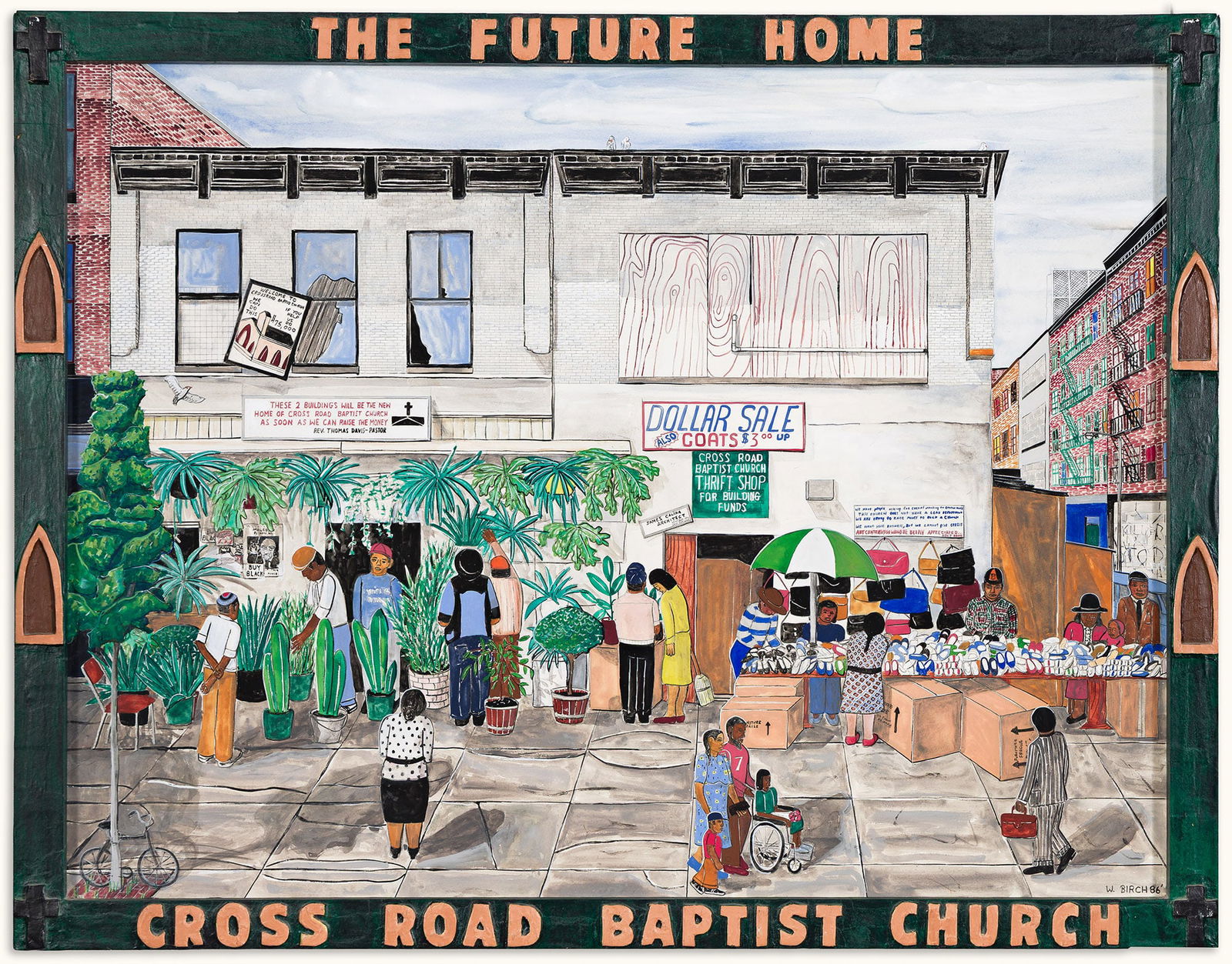 Willie Birch (b. 1942), The Future Home, Cross Road Baptist Church, 1986.: Willie Birch (b. 1942) The Future Home, Cross Road Baptist Church. Gouache on paper with artist's papier mâché frame, 1986. Signed and dated in gouache, lower right. Total 42 x 54 1/2
