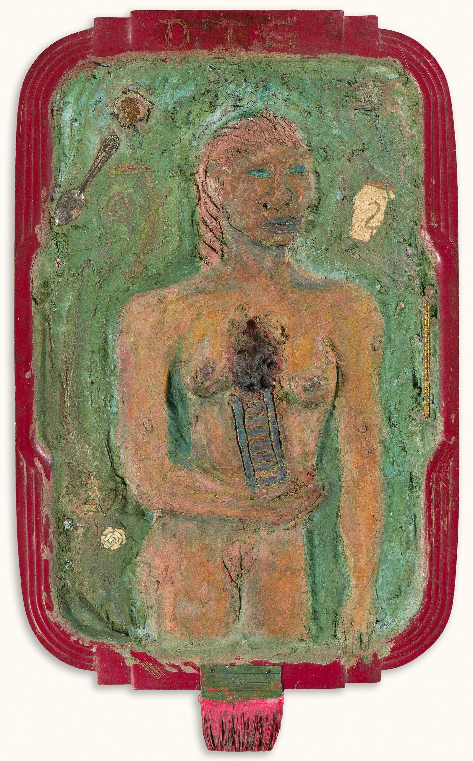 Alison Saar (b. 1956), Dig, 1987.: Alison Saar (b. 1956) Dig. Fresco with collage on wood panel, 1987. Signed, titled and dated in ink, verso. 26 x 15 in. (66 x 38.1 cm.), Frame: 34 x 23 1/2 x 2 3/4 in. (86.4 x 59.7 x 7 cm.) Provenance