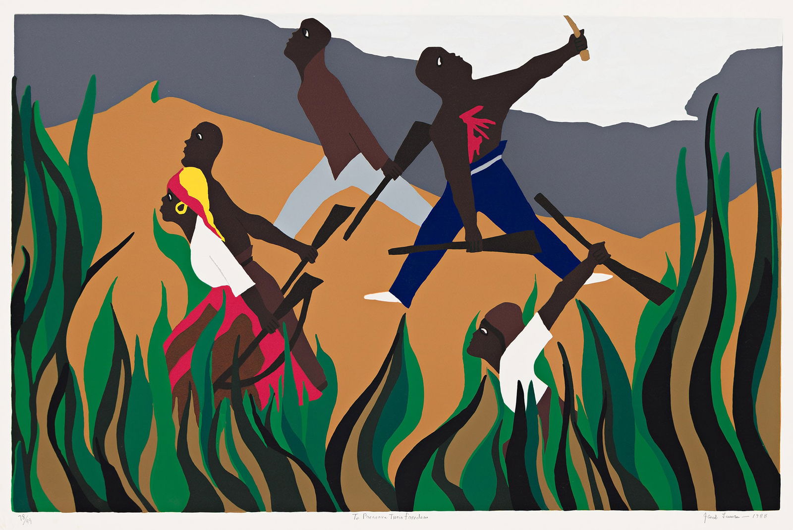Jacob Lawrence (1917-2000), To Preserve Their Freedom, 1988.: Jacob Lawrence (1917-2000) To Preserve Their Freedom. Color screenprint on Bainbridge Two Ply Rag paper, 1988. Signed, titled, dated and numbered 78/99 in pencil, lower margin. Printed by Lou Stovall