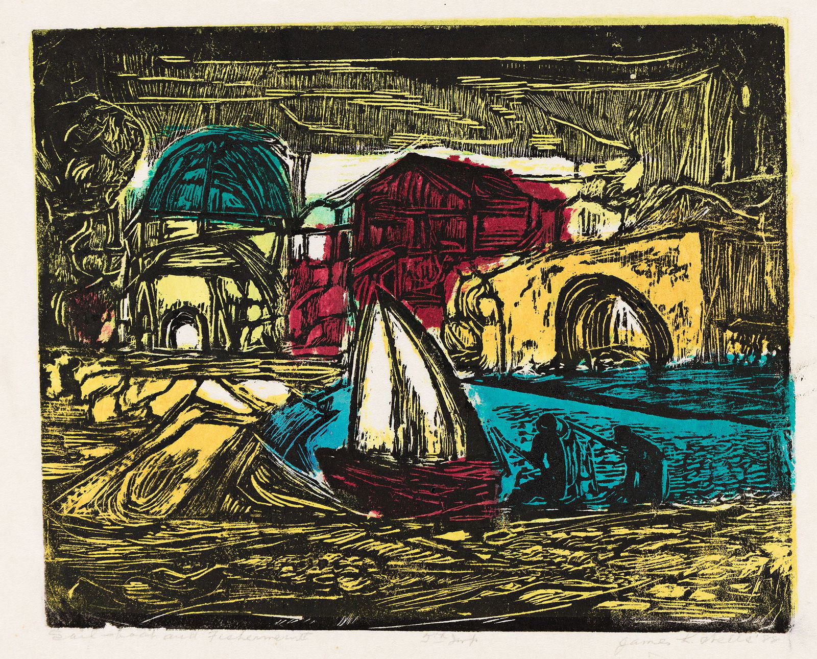 James Lesesne Wells (1902-1993), Sailboat and Fishermen II, 1988.: James Lesesne Wells (1902-1993) Sailboat and Fishermen II. Color linoleum cut on Japan paper, 1988. Signed, titled, dated and inscribed "5th imp" in pencil, lower margin. Image: 8 x 10 in. (20.3 x 25.