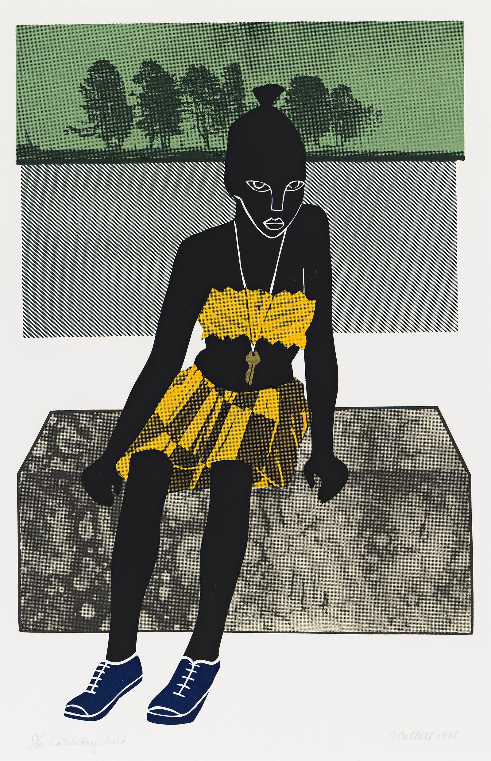 Elizabeth Catlett (1915-2012), Latch Key Child, 1988.: Elizabeth Catlett (1915-2012) Latch Key Child. Color screenprint on Rives BFK, 1988. Signed, titled, dated and numbered 17/50 in pencil, lower margin. Image: 18 5/8 x 12 1/8 in. (47.3 x 30.8 cm.), ful
