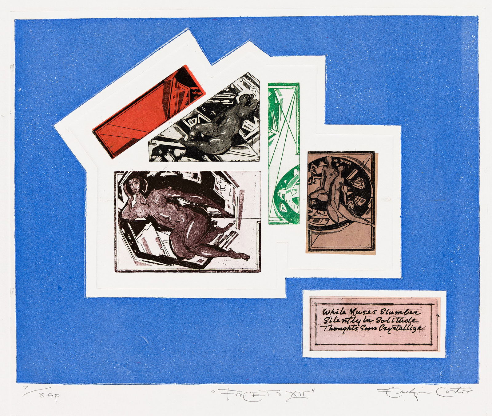 Eldzier Cortor (1916-2015), Facets I - XII.: Eldzier Cortor (1916-2015) Facets I - XII. Complete set of 12 color etchings and aquatints with chine collé on various cream wove papers, circa late 1980s.. Artist proofs, aside from the edition.