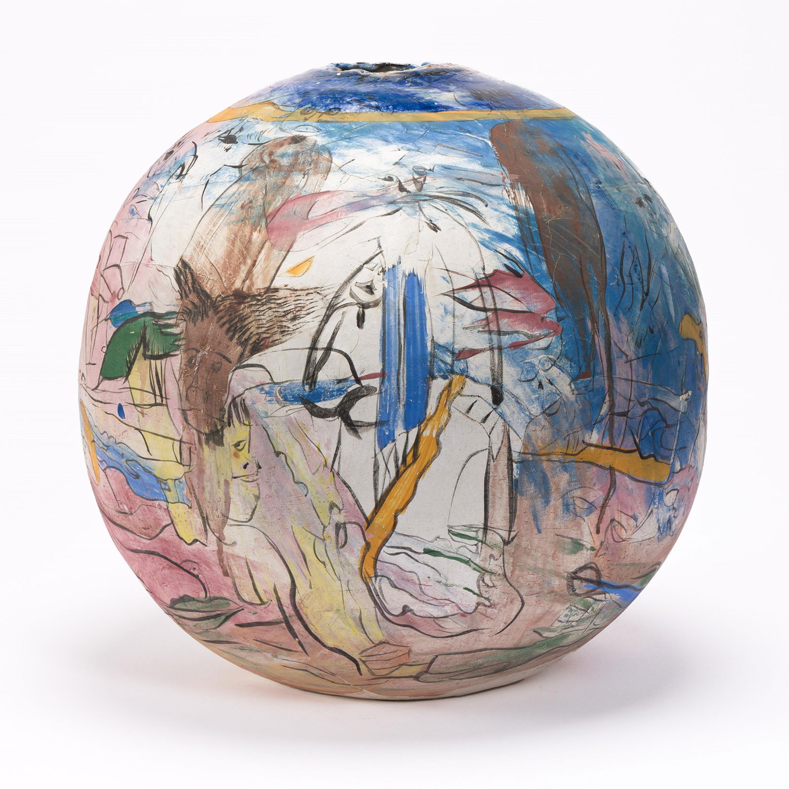 Marva Lee Pitchford-Jolly (1937-2012), Untitled (Story Pot), circa 1980s.: Marva Lee Pitchford-Jolly (1937-2012) Untitled (Story Pot). Painted hand-built stoneware clay with underglaze, circa 1980s. Approximately 18 x 18 x 19 in. (45.7 x 45.7 x 48.3 cm.), circumference 57 1/