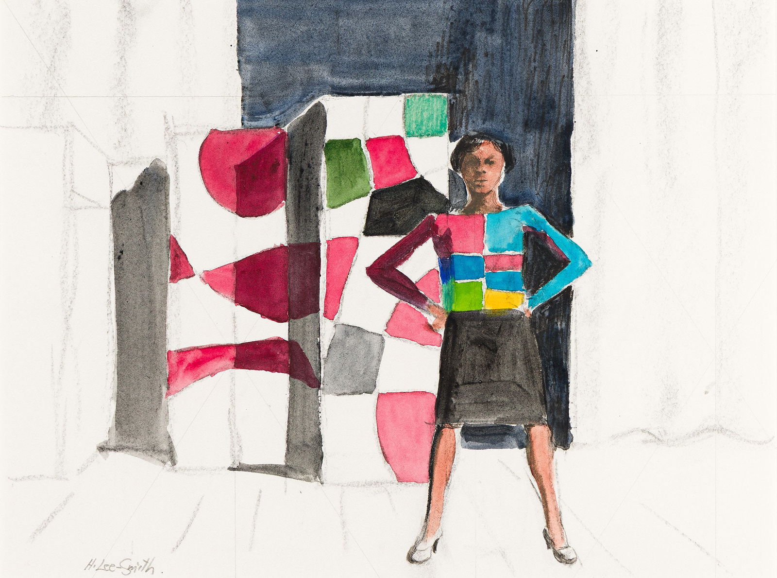Hughie Lee-Smith (1915-1999), Untitled (Young Woman on Stage with Folding Screen), circa 1990s.: Hughie Lee-Smith (1915-1999) Untitled (Young Woman on Stage with Folding Screen). Watercolor and graphite on wove paper, circa 1990s. Signed in pencil, lower left. 8 1/2 x 11 1/2 in. (21.6 x 29.2 cm.)