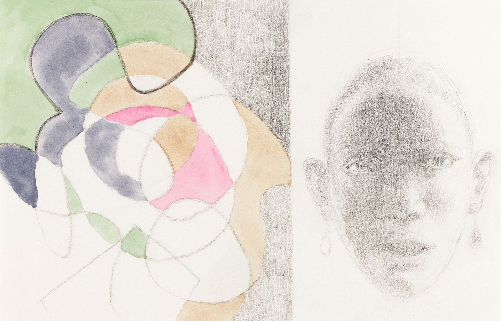 Hughie Lee-Smith (1915-1999), Untitled (Abstraction and Woman's Portrait), circa 1990s.: Hughie Lee-Smith (1915-1999) Untitled (Abstraction and Woman's Portrait). Watercolor and graphite on wove paper, circa 1990s. 7 x 10 1/4 in. (17.8 x 26 cm.), Frame: 14 x 17 in. (35.6 x 43.2 cm.) Prove