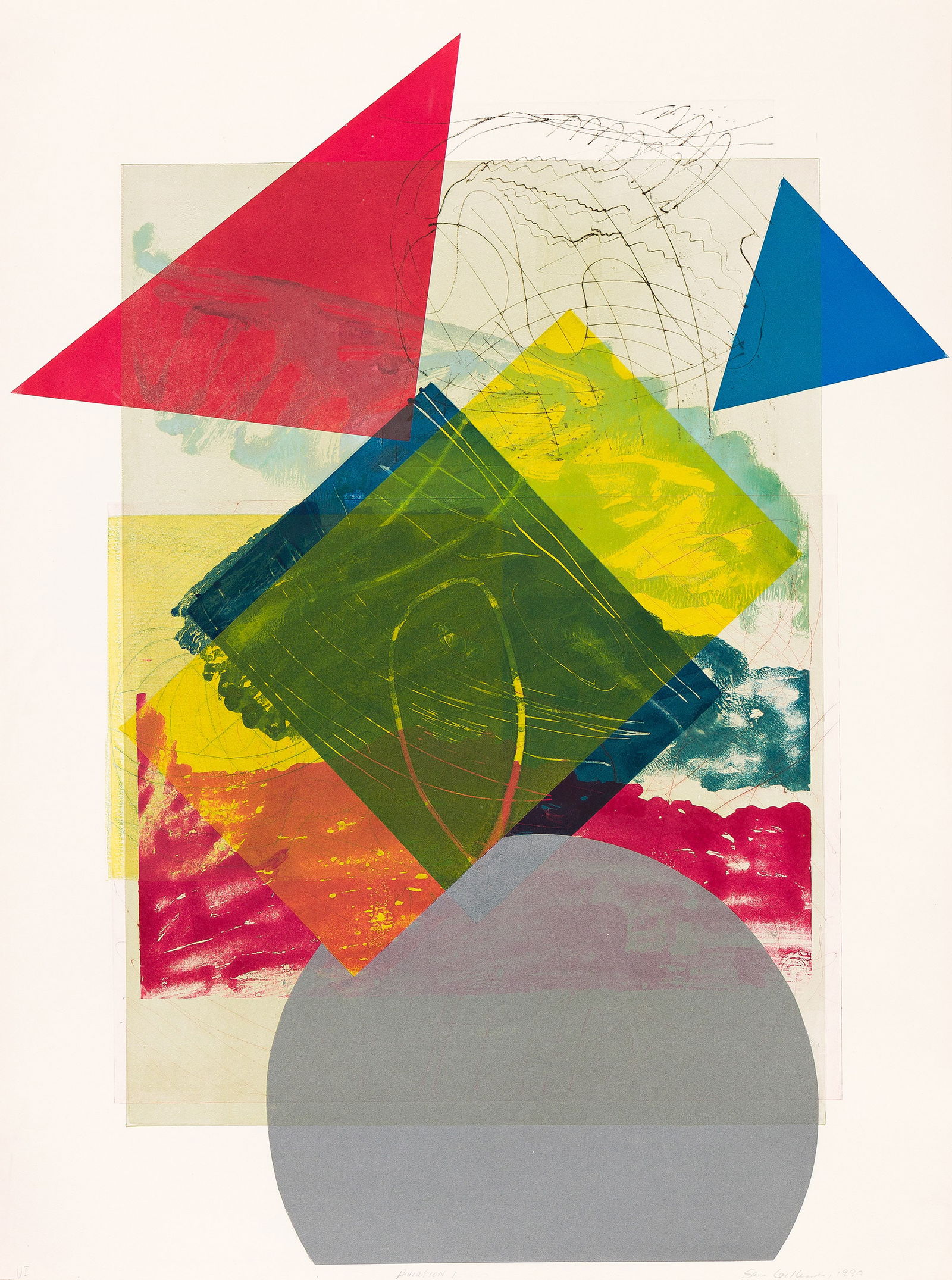 Sam Gilliam (1933-2022), Aviation VI. 1990.: Sam Gilliam (1933-2022) Aviation VI. Monoprint with handcoloring, 1990. Signed, titled, dated and inscribed "VI" in pencil, lower margin. Image: 39 x 31 1/2 in. (99.1 x 80 cm.), Frame: 45 x 34 in. (11