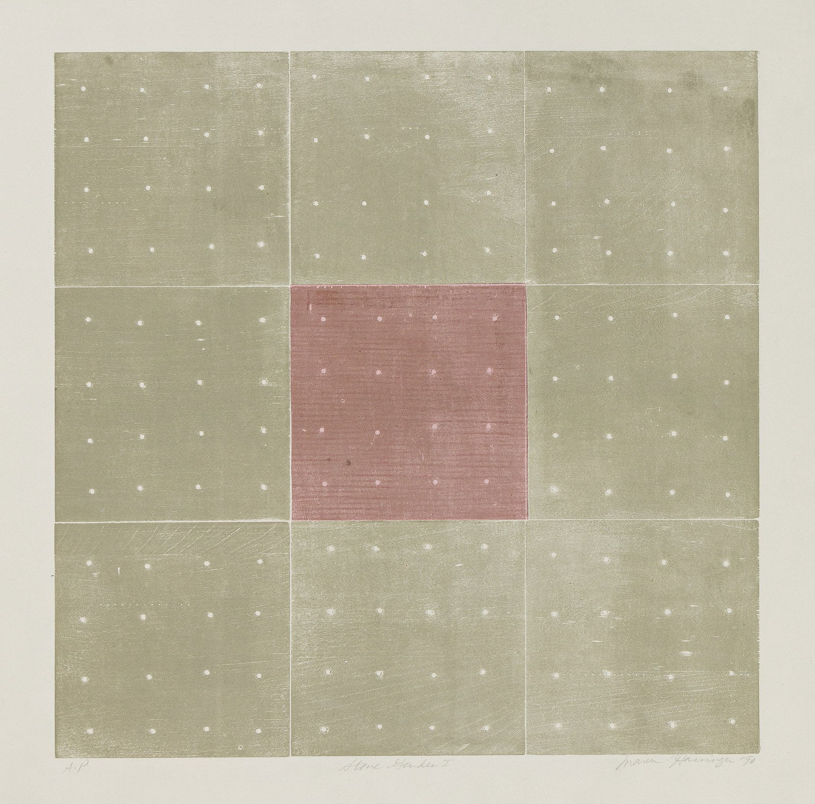 Maren Hassinger (b. 1947), Stone Garden I, 1990.: Maren Hassinger (b. 1947) Stone Garden I. Color woodcut with collage on grey wove paper, 1990. Artist's proof, aside from the edition of 6. Signed, titled, dated and inscribed "A.P." in pencil, lower