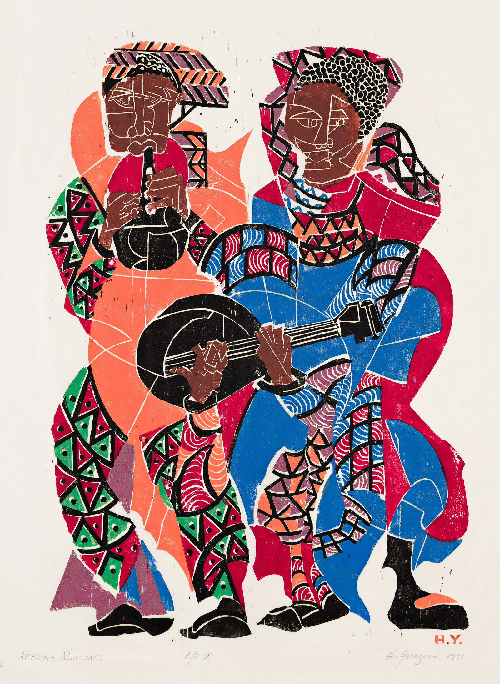 Hartwell Yeargans (1915-2005), African Musicians, 1990: Hartwell Yeargans (1915-2005) African Musicians. Color woodcut on thin Japan paper, 1990. Artist's proof, aside from the edition of an unknown size. Signed, titled, dated and inscribed "A/P II" in pen