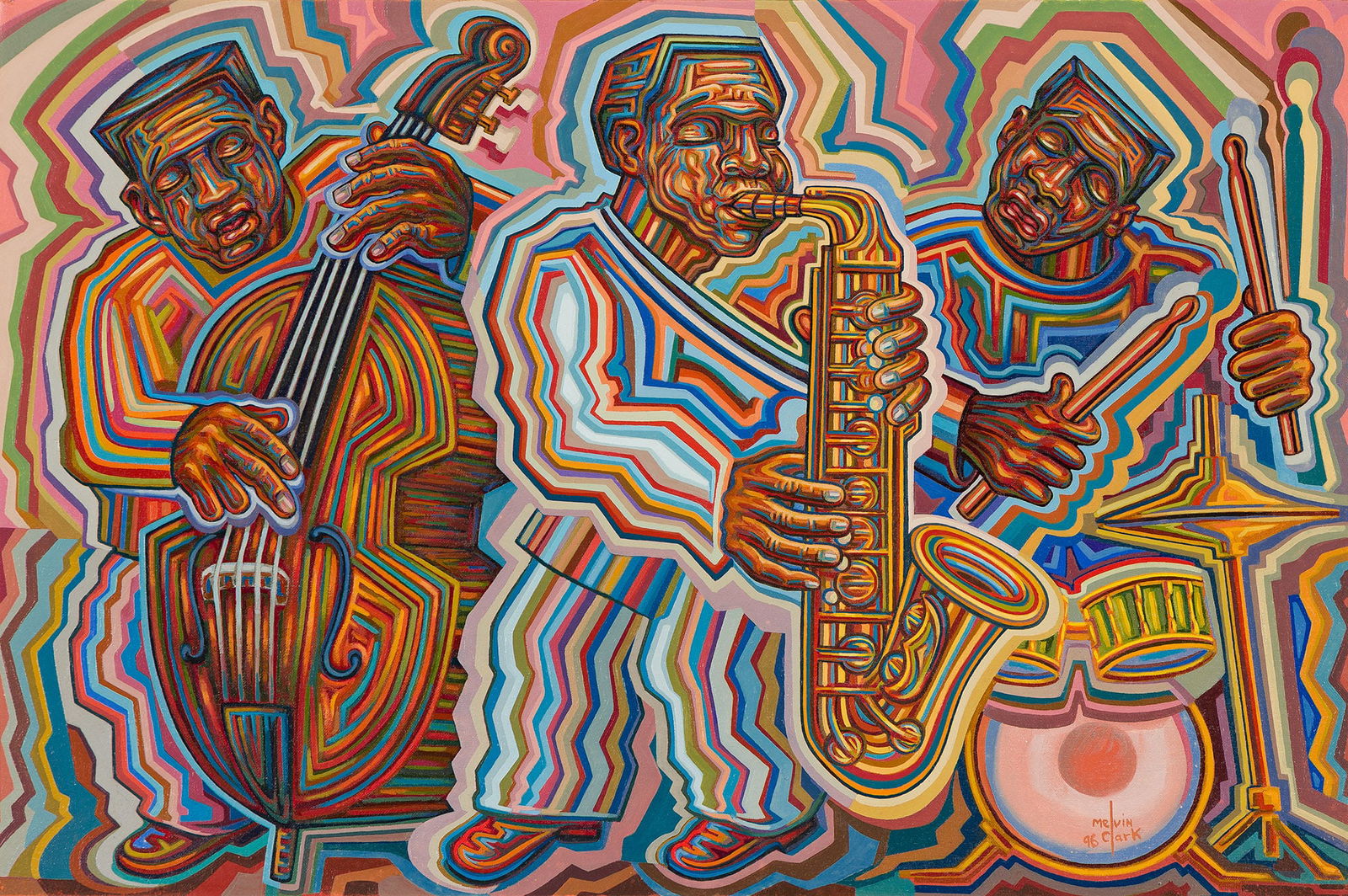 Melvin W. Clark (b. 1944), Power Trio, 1996.: Melvin W. Clark (b. 1944) Power Trio. Oil on canvas board, 1996. Signed and dated in oil, lower right. 24 x 36 in. (61 x 91.4 cm.) Provenance: Acquired directly from the artist. Private collection. No