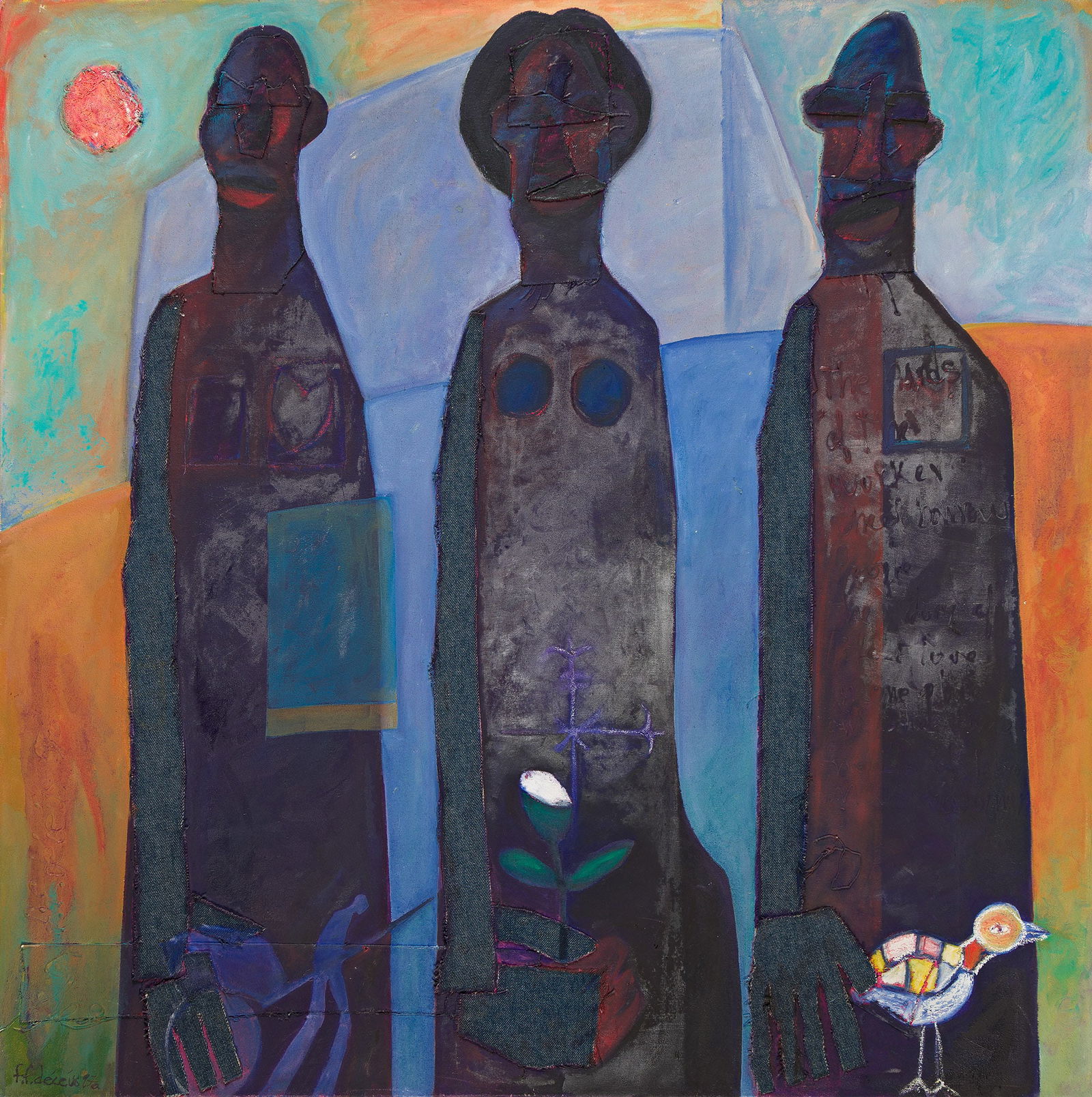 Francks Francois Deceus (b. 1966), Three Workers, 1997.: Francks Francois Deceus (b. 1966) Three Workers. Acrylic and collage with mixed media on cotton canvas, 1997. Signed and dated in acrylic, lower left recto. Signed, titled and dated in graphite, verso