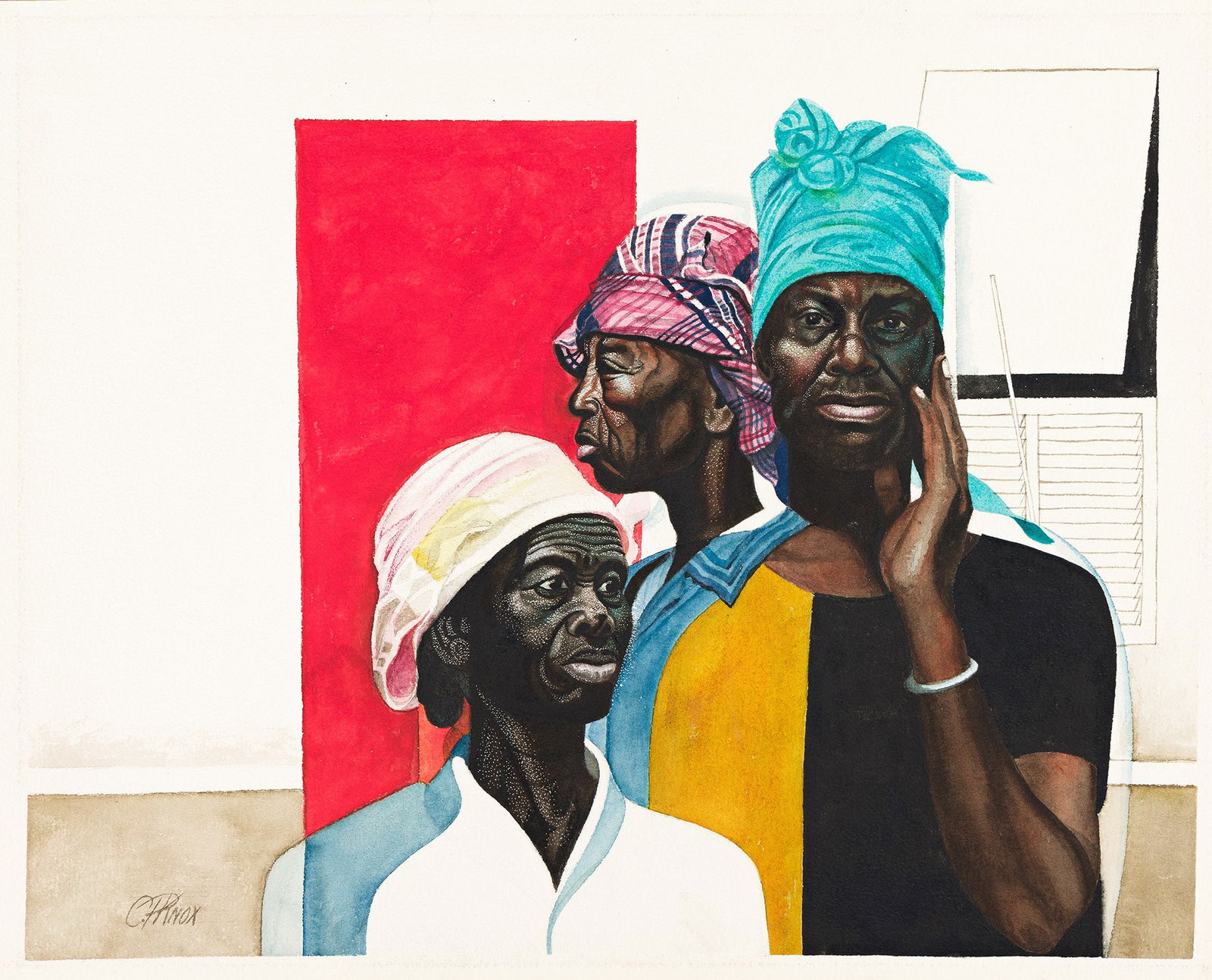 Columbus Knox (1923-1999), Untitled (Three Women), circa 1998.: Columbus Knox (1923-1999) Untitled (Three Women). Watercolor on wove paper, circa 1998. Signed in pencil, lower left. 18 3/4 x 23 in. (47.6 x 58.4 cm.), Frame: 26 x 30 1/2 in. (66 x 77.5 cm.) Provenan