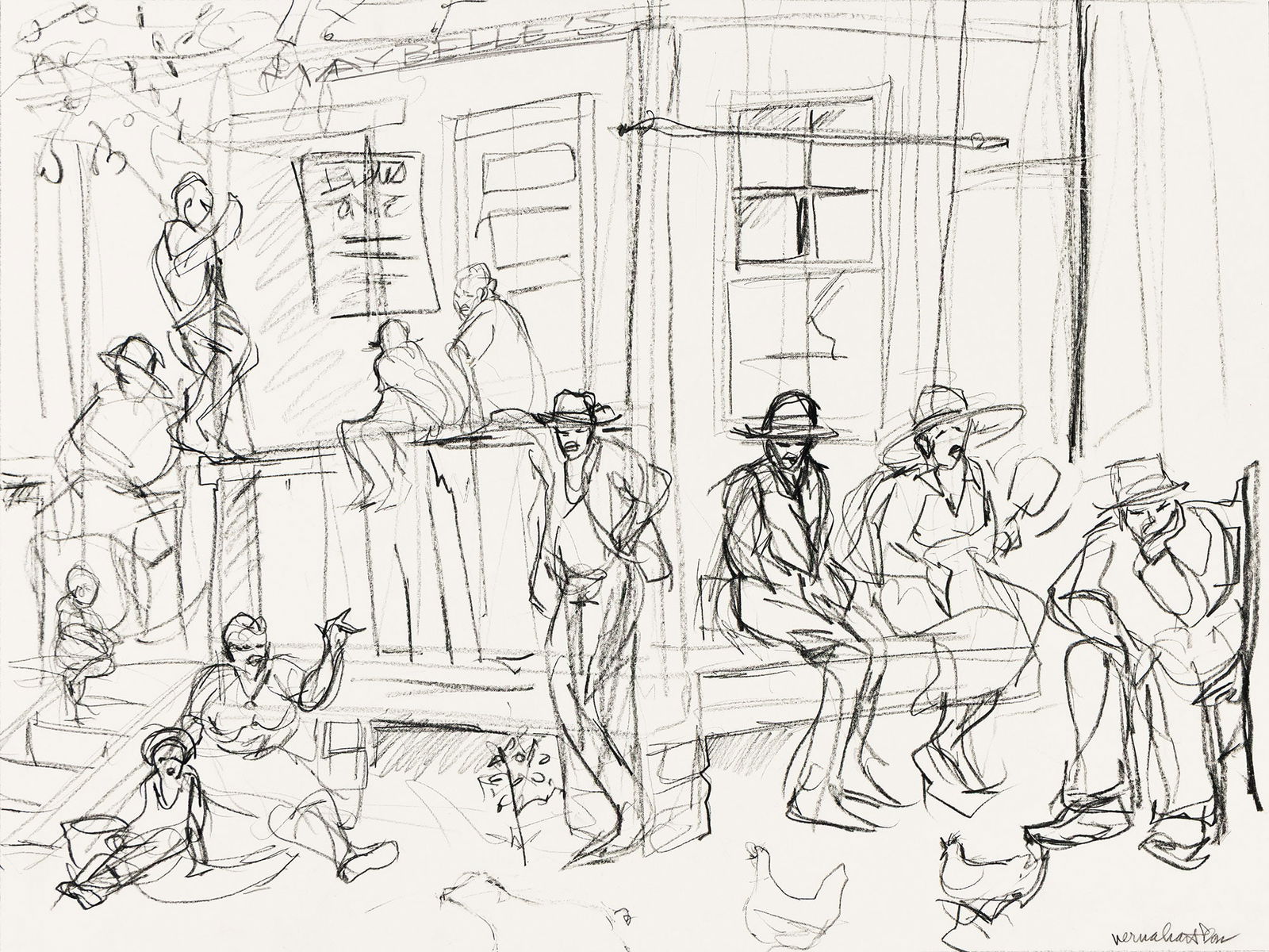 Verna Hart (1961-2019), Untitled (Figure Scene), circa 1990s.: Verna Hart (1961-2019) Untitled (Figure Scene). Conte crayon on wove paper, circa 1990s. Signed, lower right. 19 x 24 in. (48.3 x 61 cm.), Frame: 25 1/4 x 31 in. (64.1 x 78.7 cm.) Provenance: Collecti