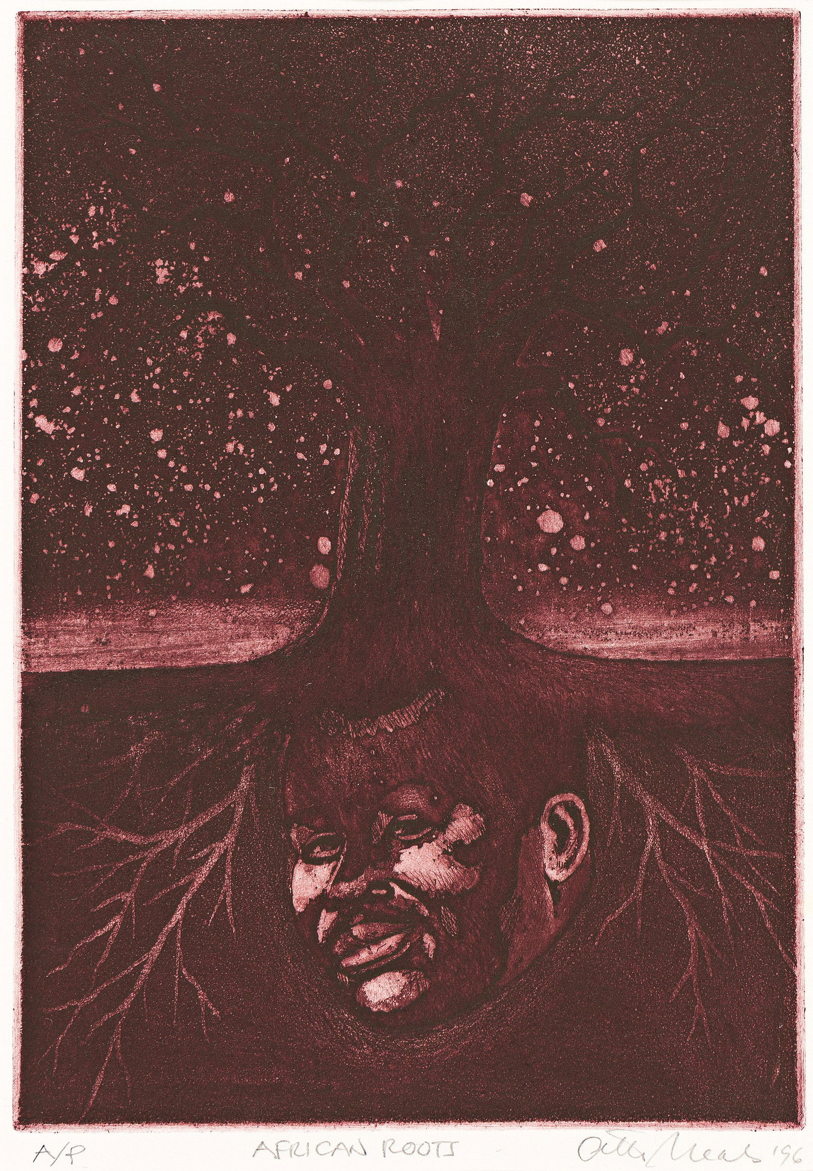 Otto Neals (b. 1931), African Roots, 1996.: Otto Neals (b. 1931) African Roots. Color etching and aquatint, 1996. Artist's proof, aside from an unknown edition. Signed, titled, dated and inscribed "A/P" in pencil, lower margin. Plate: 10 3/8 x