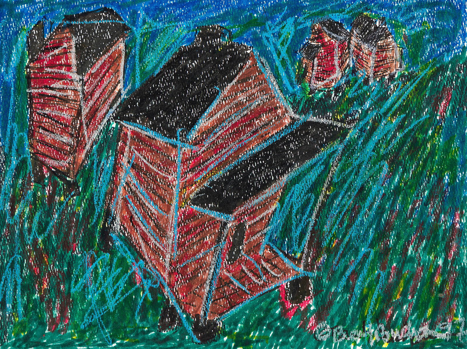 Beverley Buchanan (1940-2015), Untitled (Four Houses), 1997.: Beverley Buchanan (1940-2015) Untitled (Four Houses). Oil pastel on wove paper, 1997. Signed and dated in oil pastel, lower right. 9 x 12 in. (22.9 x 30.5 cm.), Frame: 14 1/4 x 16 in. (36.2 x 40.6 cm.