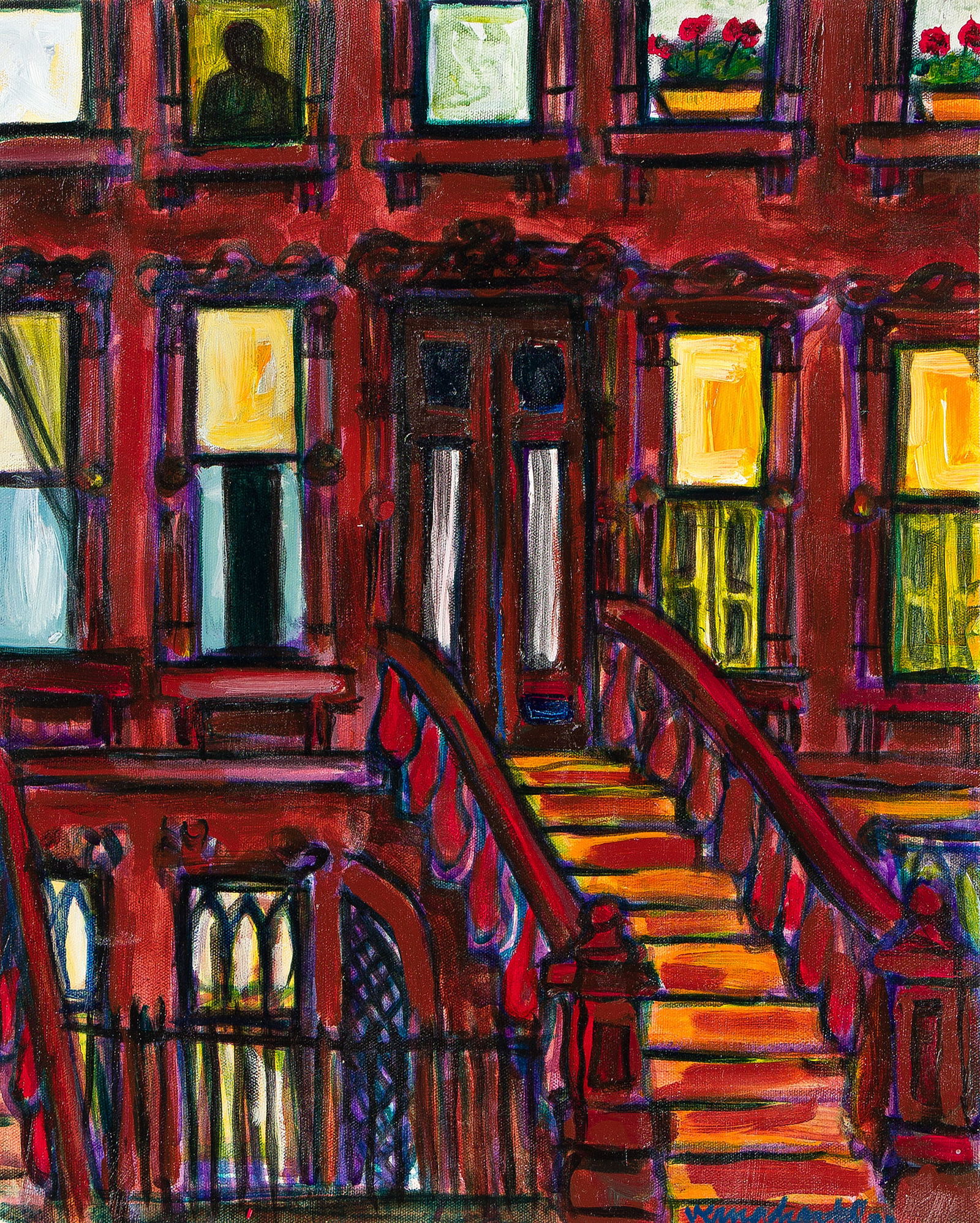 Verna Hart (1961-2019), Untitled (Brownstone Stoops), circa 2000.: Verna Hart (1961-2019) Untitled (Brownstone Stoops). Acrylic on cotton canvas, circa 2000. Signed in acrylic, lower right. 20 x 16 in. (50.8 x 40.6 cm.) Frame: 27 1/4 x 23 1/4 x 1 3/4 in. (69.2 x 59.1