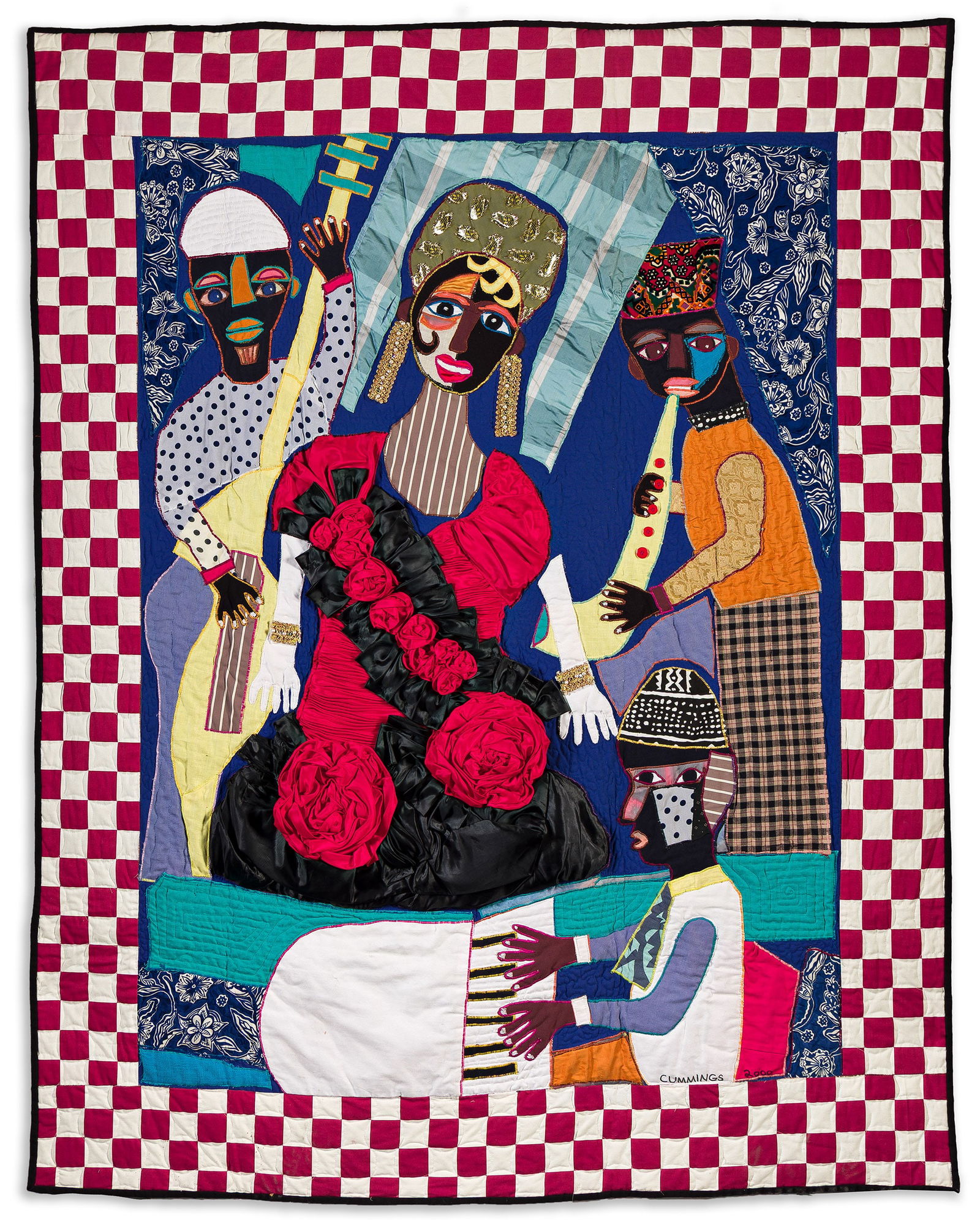 Michael A. Cummings (b. 1945), Josephine Baker in Cabaret, 2000-02.: Michael A. Cummings (b. 1945) Josephine Baker in Cabaret. Quilt with applique, 2000-02. Signed and dated "2000" in ink, lower right recto. Signed, titled, dated "2002" and inscribed "84x84" in ink on