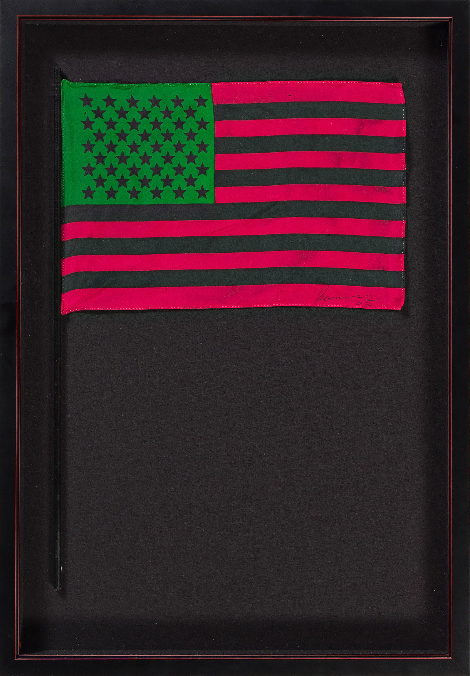 David Hammons (b. 1943), African American Flag, 2003.: David Hammons (b. 1943) African American Flag. Printed fabric on a painted wooden pole, 2003. Signed and dated in ink, lower right. Flag: 20x28 cm; 8x11 inches; pole 46 cm; 18 inches long, Frame: 23 1
