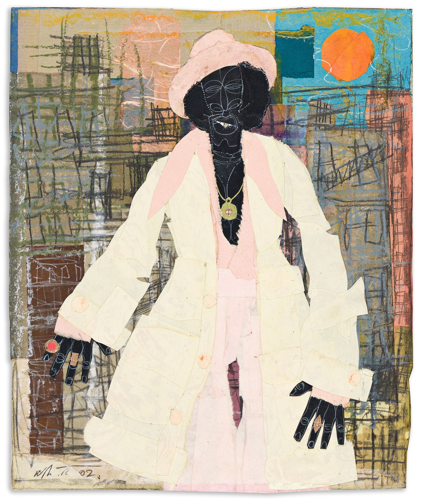 Willie Torbert (b. 1959), Stone City Jam (Self-Made Series), 2002.: Willie Torbert (b. 1959) Stone City Jam (Self-Made Series). Collage and pencil on paper, mounted to Masonite board, 2002. Signed and dated in pencil, lower left. 13 1/4 x 11 in. (33.7 x 27.9 cm.), Fra