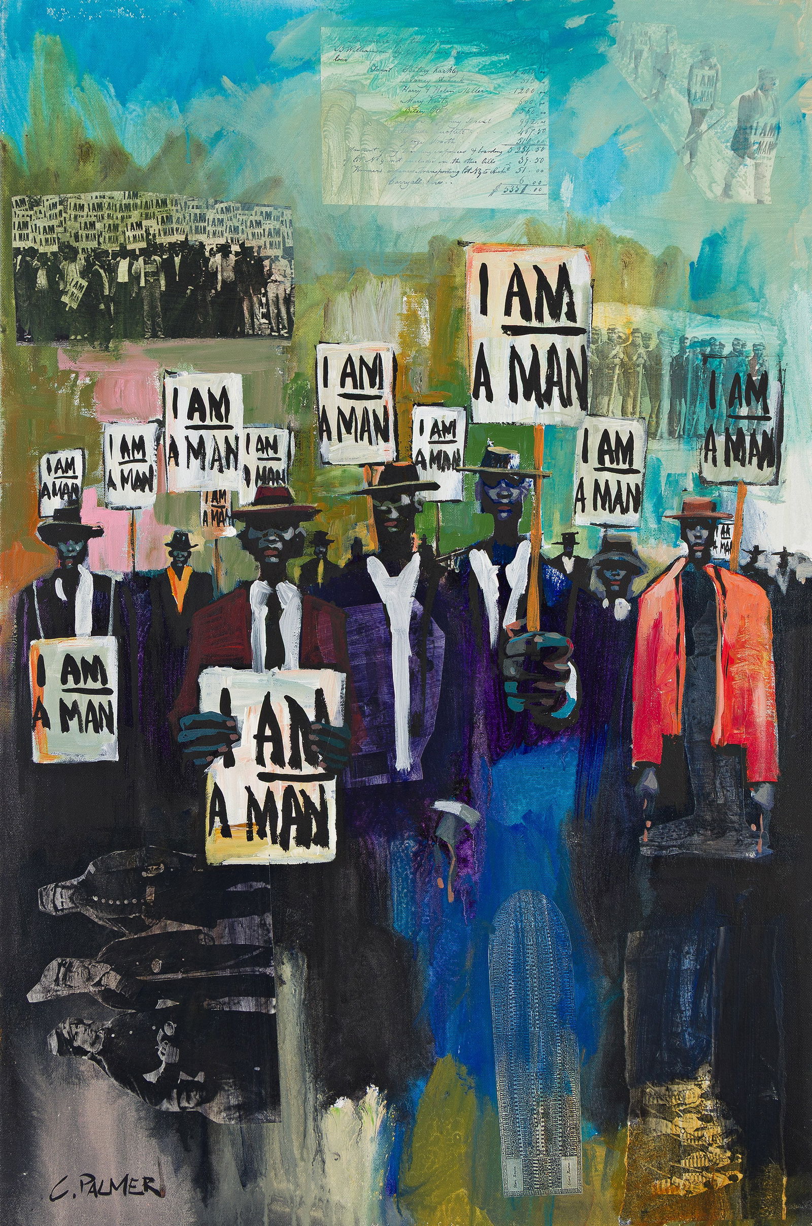 Charly Palmer (b. 1960), I AM. 2004.: Charly Palmer (b. 1960) I AM. Acrylic and collage on cotton canvas. 2004. Signed in acrylic, lower left. 36 x 24 in. (91.4 x 61 cm.), Frame: 43 1/2 x 31 1/2 x 3 in. (110.5 x 80 x 7.6 cm.) Provenance: