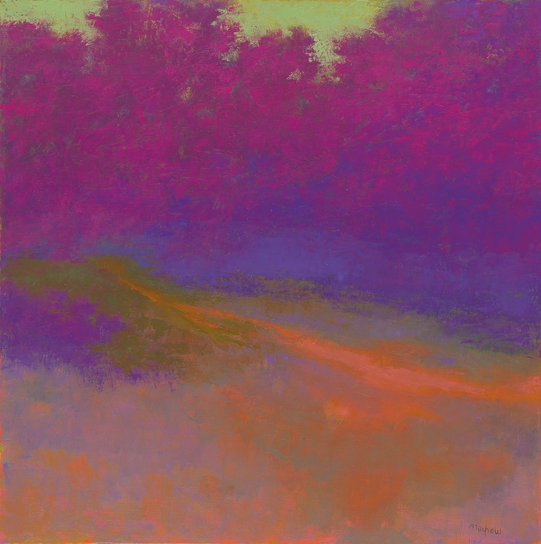 Richard Mayhew (1924-2024), Scarlet Journey, 2006.: Richard Mayhew (1924-2024) Scarlet Journey. Oil on linen canvas, 2006. Signed in oil, lower right. Signed, titled and dated in ink, on the backing paper. 30 x 30 in. (76.2 x 76.2 cm.) Provenance: Stel