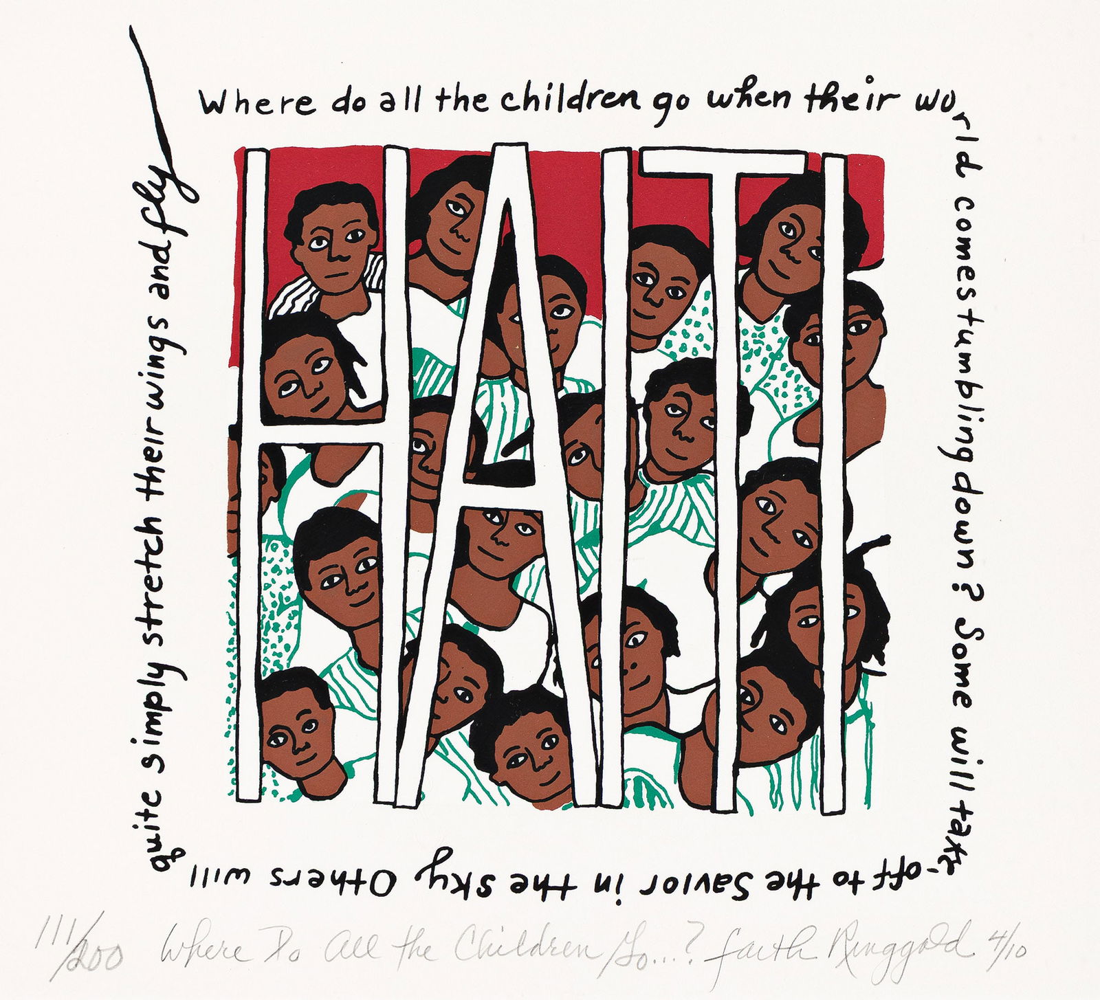 Faith Ringgold (1930-2024), Where Do All the Children Go...?, 2010.: Faith Ringgold (1930-2024) Where Do All the Children Go...? Color screenprint on Rives BFK, 2010. Signed, titled, dated "4/10" and numbered 111/200 in pencil, lower margin. Image: 9 1/8 x 8 7/8 in. (2