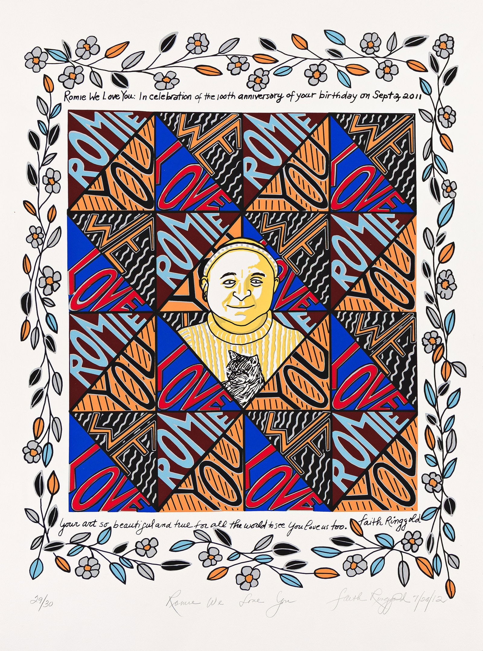 Faith Ringgold (1930-2024), Romie We Love You, 2012.: Faith Ringgold (1930-2024) Romie We Love You. Color screenprint on Rives BFK, 2012. Signed, titled, dated "7/20/12" and numbered 29/30 in pencil, lower margin. Image: 25 3/8 x 19 1/8 in. (64.5 x 48.6