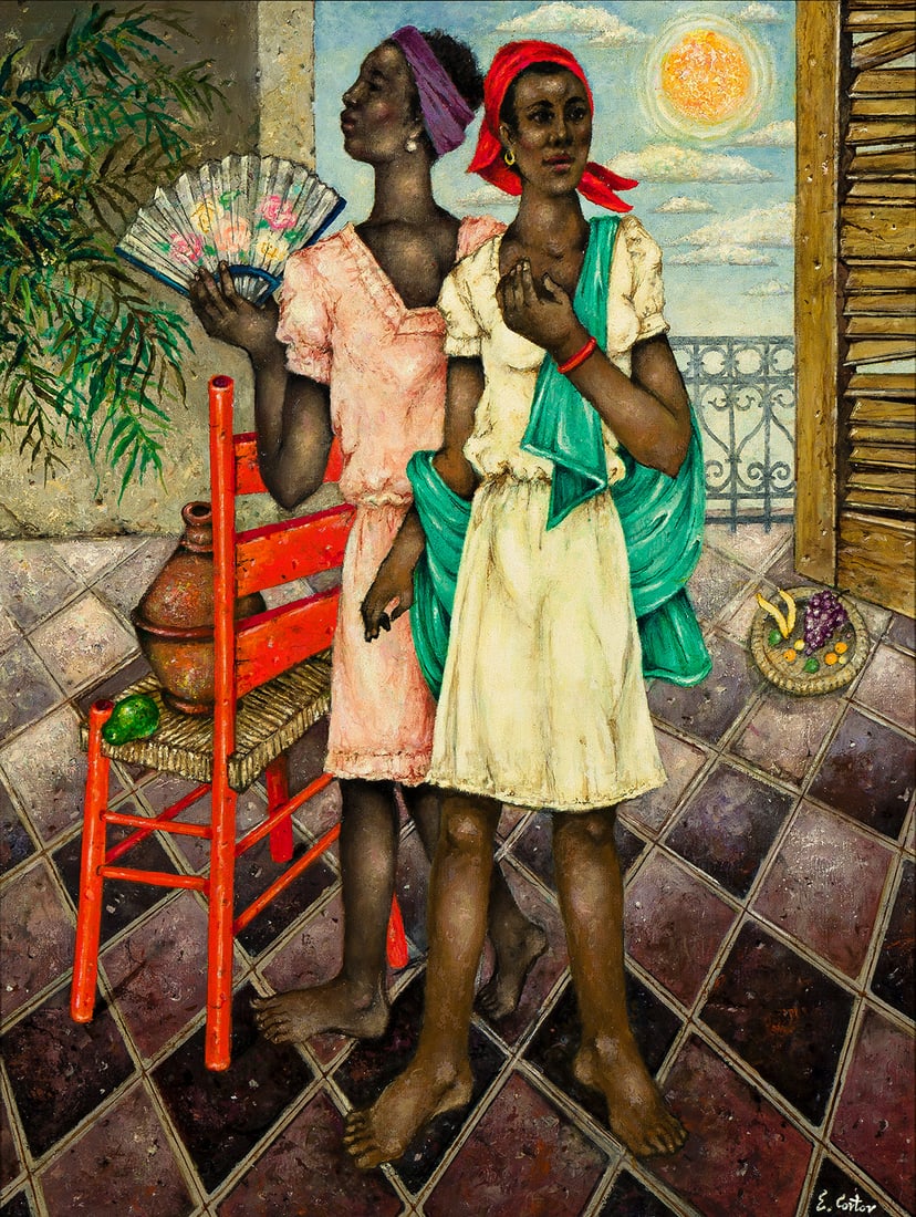 Eldzier Cortor (1916-2015), Island Momento No. 1, 2012.: Eldzier Cortor (1916-2015) Island Momento No. 1. Oil on linen canvas, 2012. Signed, lower right. 50 x 38 in. (127 x 96.5 cm.), Frame: 52 x 41 in. (132.1 x 104.1 cm.) Provenance: Estate of the artist,